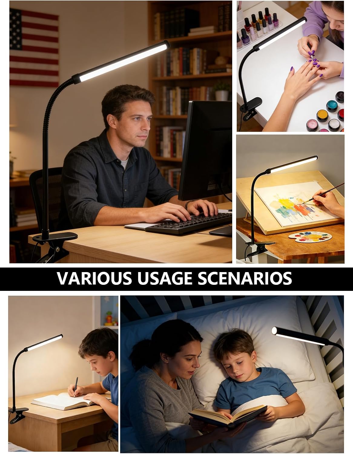 2 Pack Clip On LED Desk Lamp, 3 Lighting Modes 10 Brightness Levels, Flexible Goose Neck Swing Arm Task Lamp, Eye Caring USB Powered Clamp Light for Home Office Study Reading Bedside