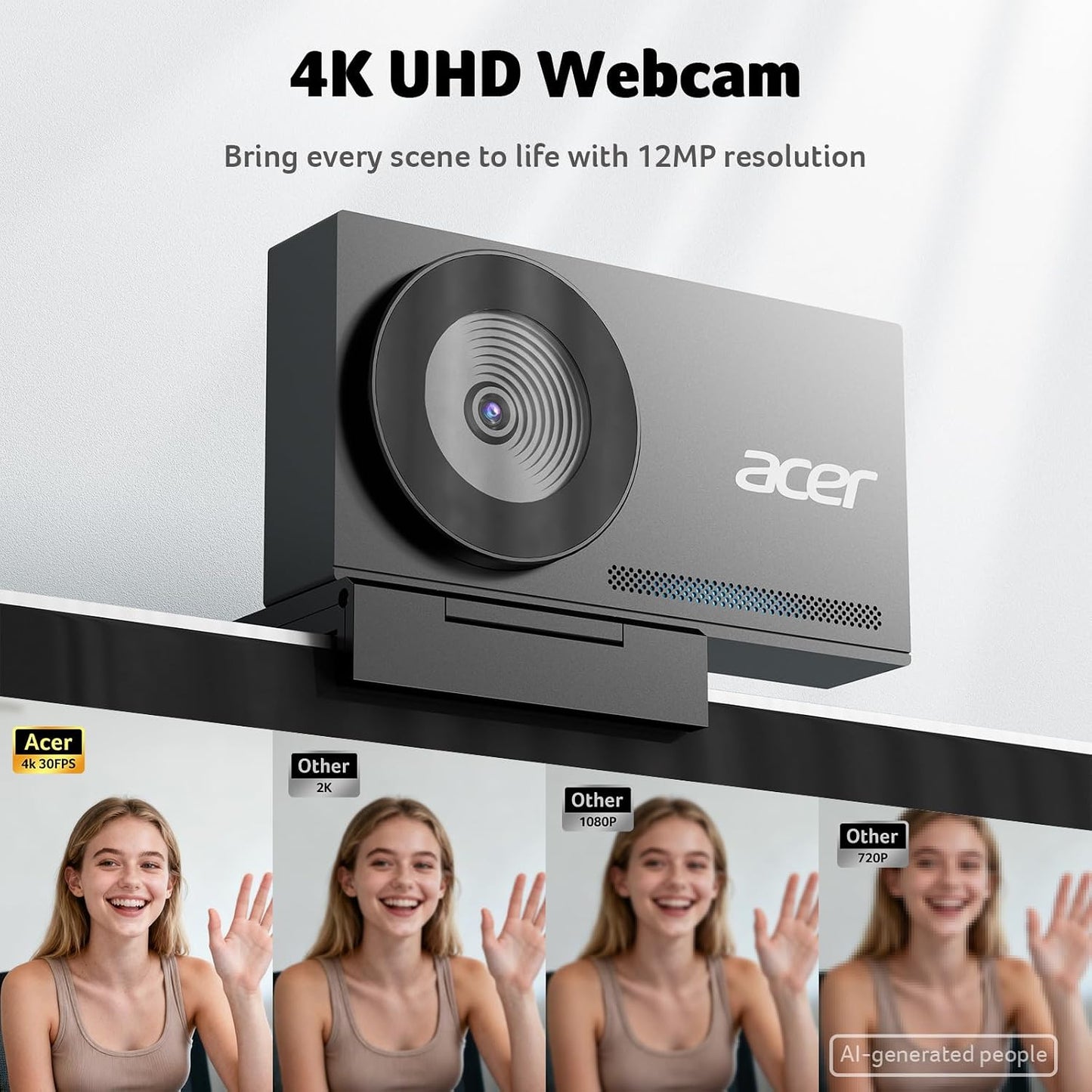 Acer 4K Webcam for PC/Mac with All-Metal Unibody Sculpted, Sony 1/2" Sensor, PDAF, 2 Noise Reduction Mics, Privacy Cover for Switch 2/Zoom/Teams/Facetime/YouTube/Google Meet