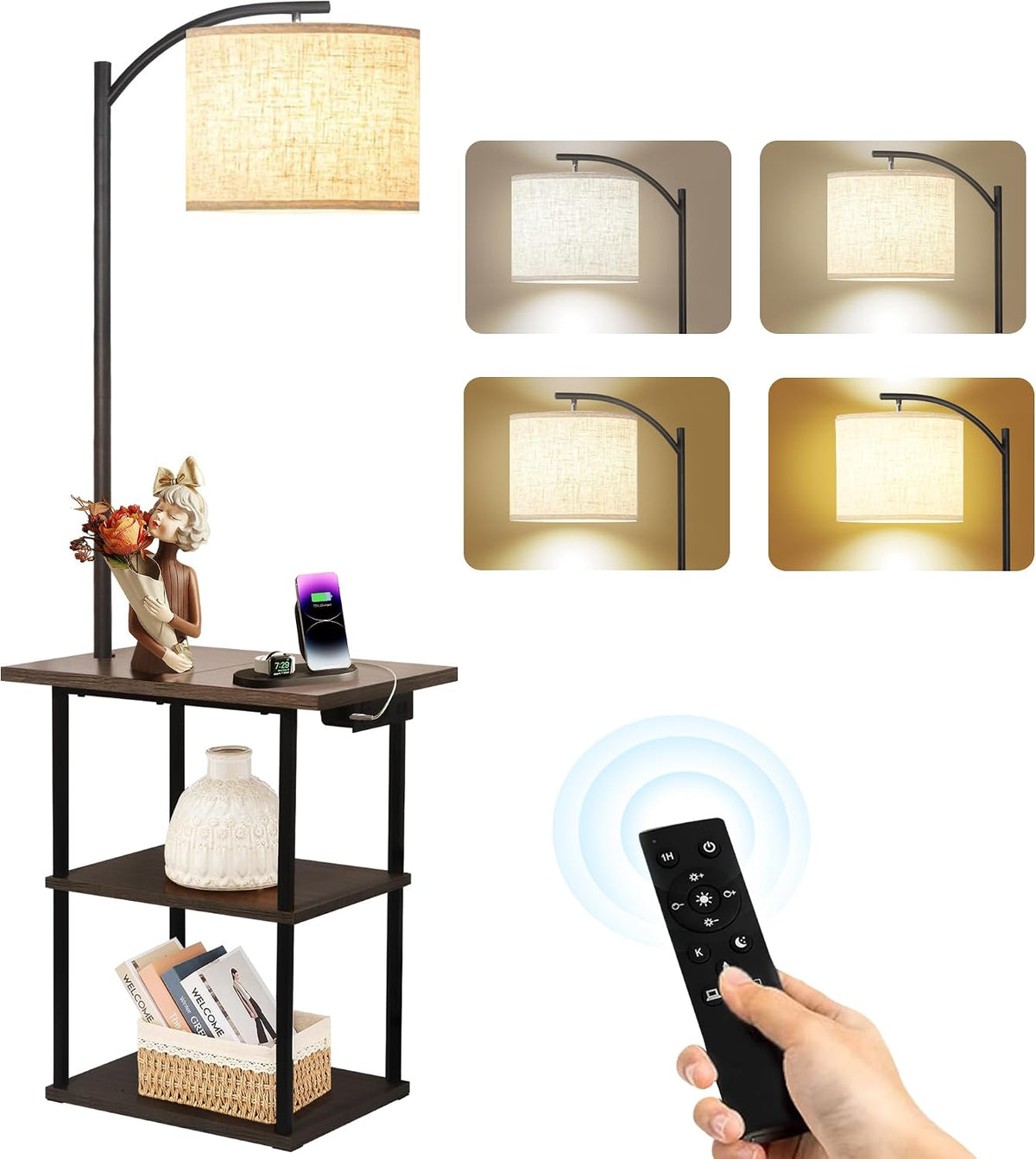 PESRAE Floor Lamp with Table, End Tables with Charging Station(USB & Type-C & AC Port), 3 Color Temperatures 9W LED Bulb, Modern Shelves Side Table for Bedroom, Living Room