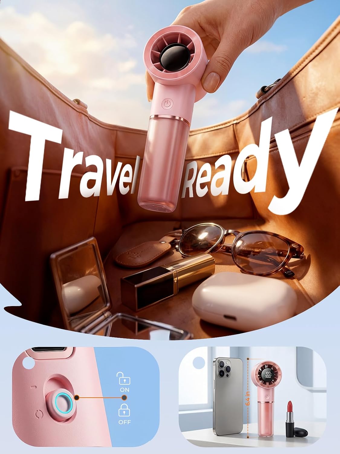 Handheld Portable Fan, 6-Speed Rechargeable Powerful Mini Fan | 5000mAh Battery Up to 15 Hours Runtime, Smart LED Display, Pocket Turbo Personal Fan for Travel, Camping, Makeup