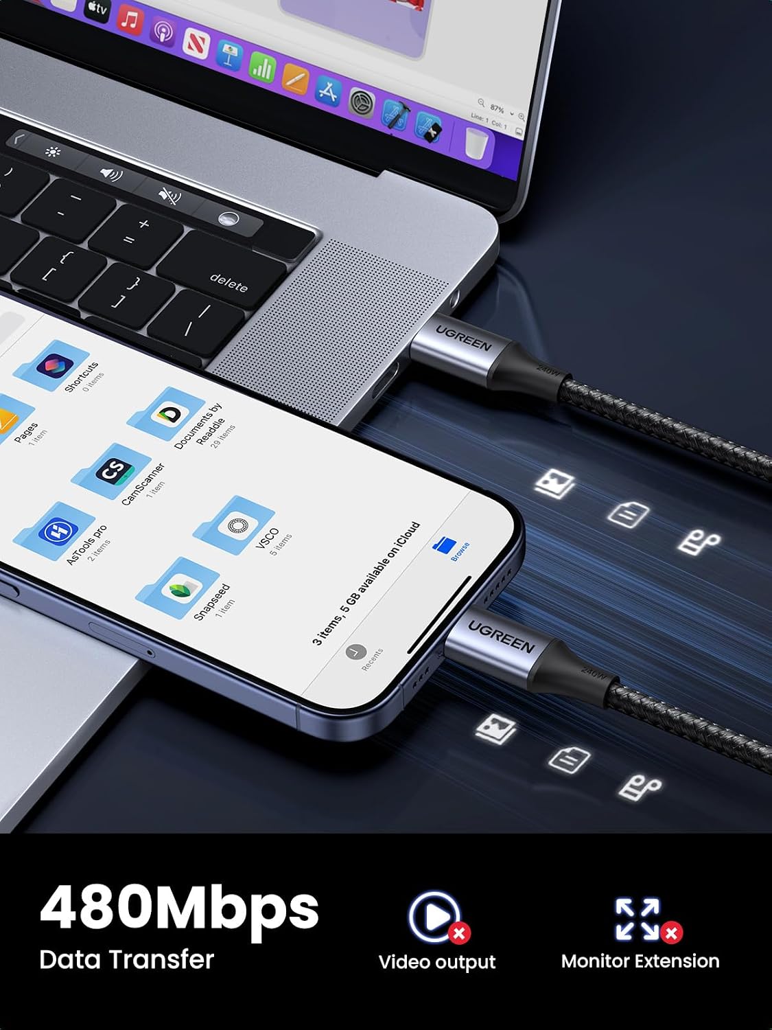 UGREEN 240W USB C to USB C Cable, Fast Charging Cable, 6.6ft, Black | For iPhone 17/16/15, MacBook Pro/Air, iPad Pro/Air/Mini, Galaxy S26/S25/S24, Dell XPS, Pixel, Switch, and more. Nylon Braided