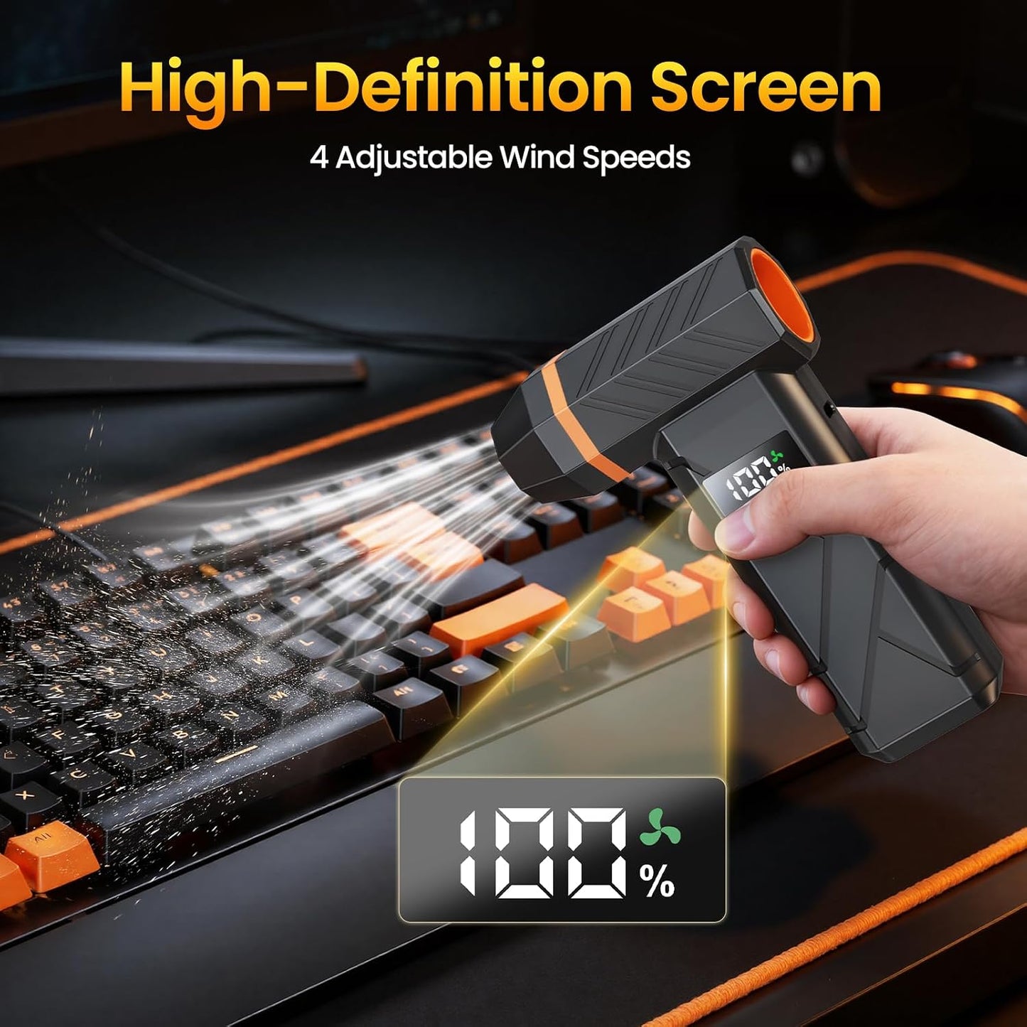 Dzaki Compressed Air Duster & Vacuum 2-in-1, 140000RPM Electric Air Duster, 4-Gear Adjustable Rechargeable Cordless Dust Blower with LED Light Fast Charging for Keyboard PC Car Home Outdoor-Orange
