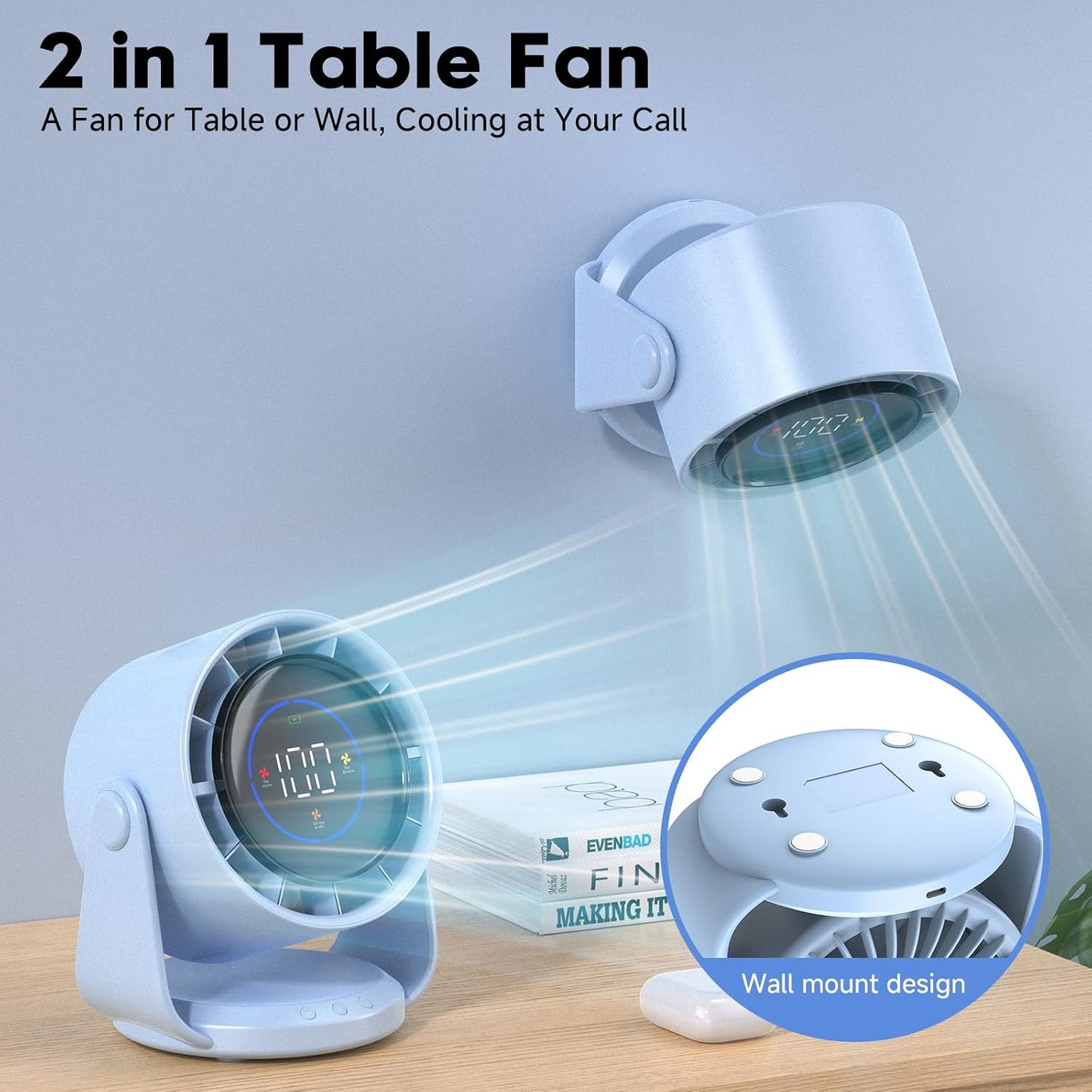 YOSHENMO Desk Fan, Turbo Table Fan for Bedroom, 100-Speed Digital Display, Low Noise, 105° Adjustable Tilt, 7.5-inch, Rechargeable Battery, Wall-Mouted Design for Home, Office, Travel Blue