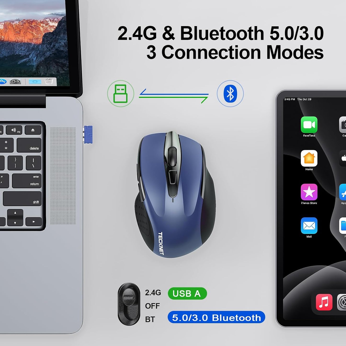 TECKNET Wireless Mouse, BT 5.0/2.4G, Rechargeable 6-DPI Silent, Blue | Bluetooth 5.0/3.0 & USB A, 2-Device Easy Switch, Wide OS Compatible, 6 Buttons, 6-DPI up to 4800, Ergonomic for S to M Hands