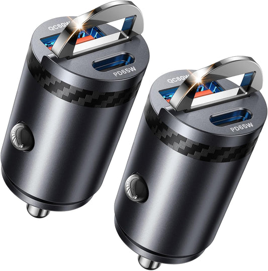 【Upgraded】 2-Pack 125W Fast Car Charger, Mini Flush Fit USB C Car Adapter | Dual Port [65W PD & 60W QC] Cigarette Lighter USB Charger, Pull Ring Car Accessories for iPhone 17 Pro Max, Samsung, MacBook