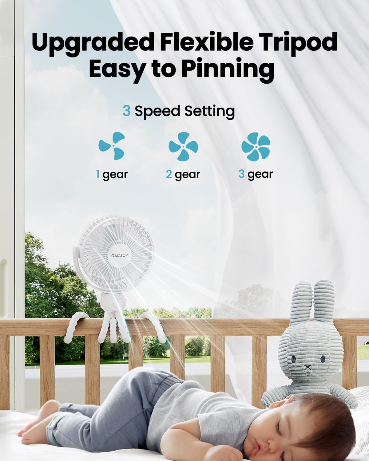 Gaiatop Mini Portable Stroller Fan, Small Clip on Fan 3 Speed Rechargeable | 360° Rotate Flexible Tripod, Battery Operated Detachable, Cooling for Car Seat Crib Treadmill Travel White