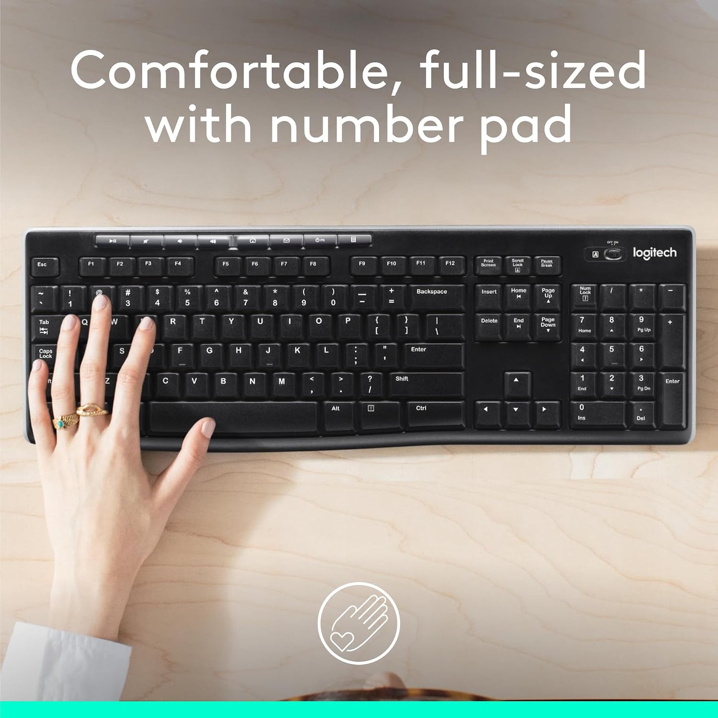Logitech K270 Full Size Wireless Keyboard for Windows - Black | Full-size keyboard with number pad, 8 multimedia keys, includes USB-A receiver, 2-year battery, compatible with PC, laptop