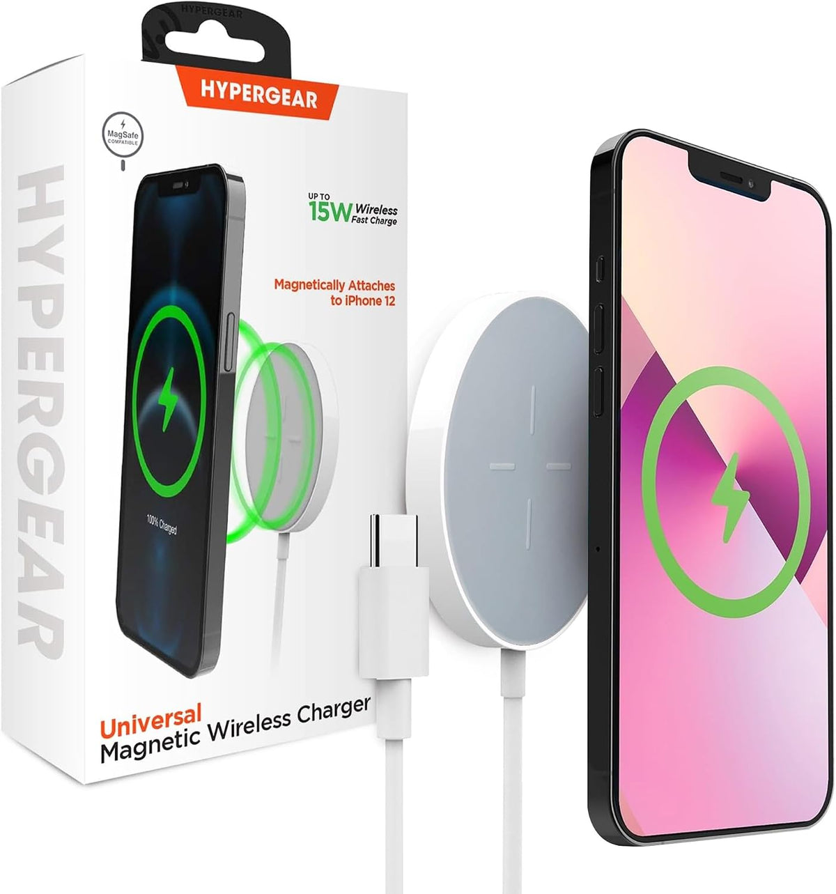 HyperGear Magnetic Fast Wireless Charger - Portable MagSafe Charging Pad, Instant Contact Charging Technology for iPhone Series - Compatible with All MagSafe Cases, Qi-Enabled Devices - White