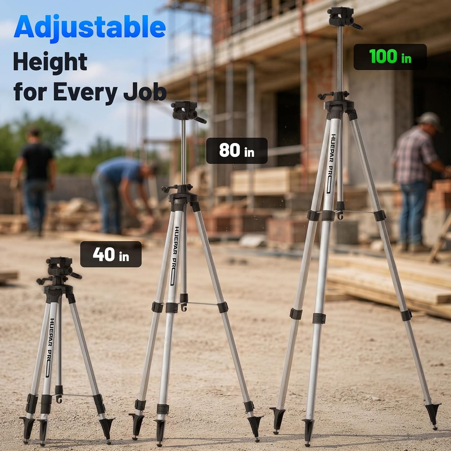 Huepar Pro PT250 100-Inch Laser Level Tripod, 1/4"-20 & 5/8"-11 Mounts | 40-100in Adjustable Height, Thickened Aluminum, Rubber/Spike Feet, 360° Pan, 90° Tilt, 5/8"-11 Adapter, Carry Bag