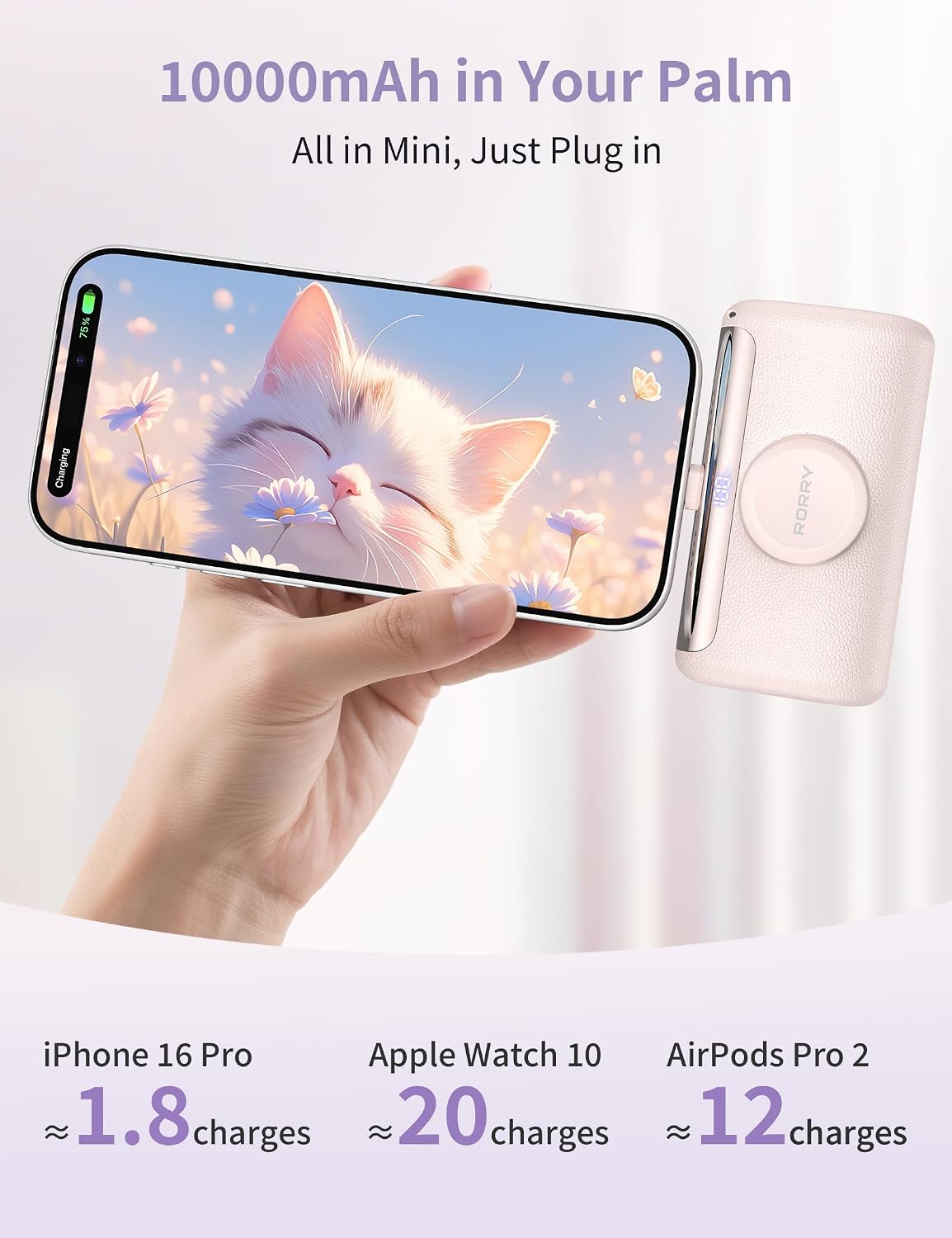 RORRY PalmGo Portable Charger Power Bank 10000mAh 3-in-1 Mini Battery Pack | Built-in USB-C Connector, 22.5W Fast Charging, for iPhone 17/16/15, Apple Watch, iPad, Travel Essential, Pocket Size