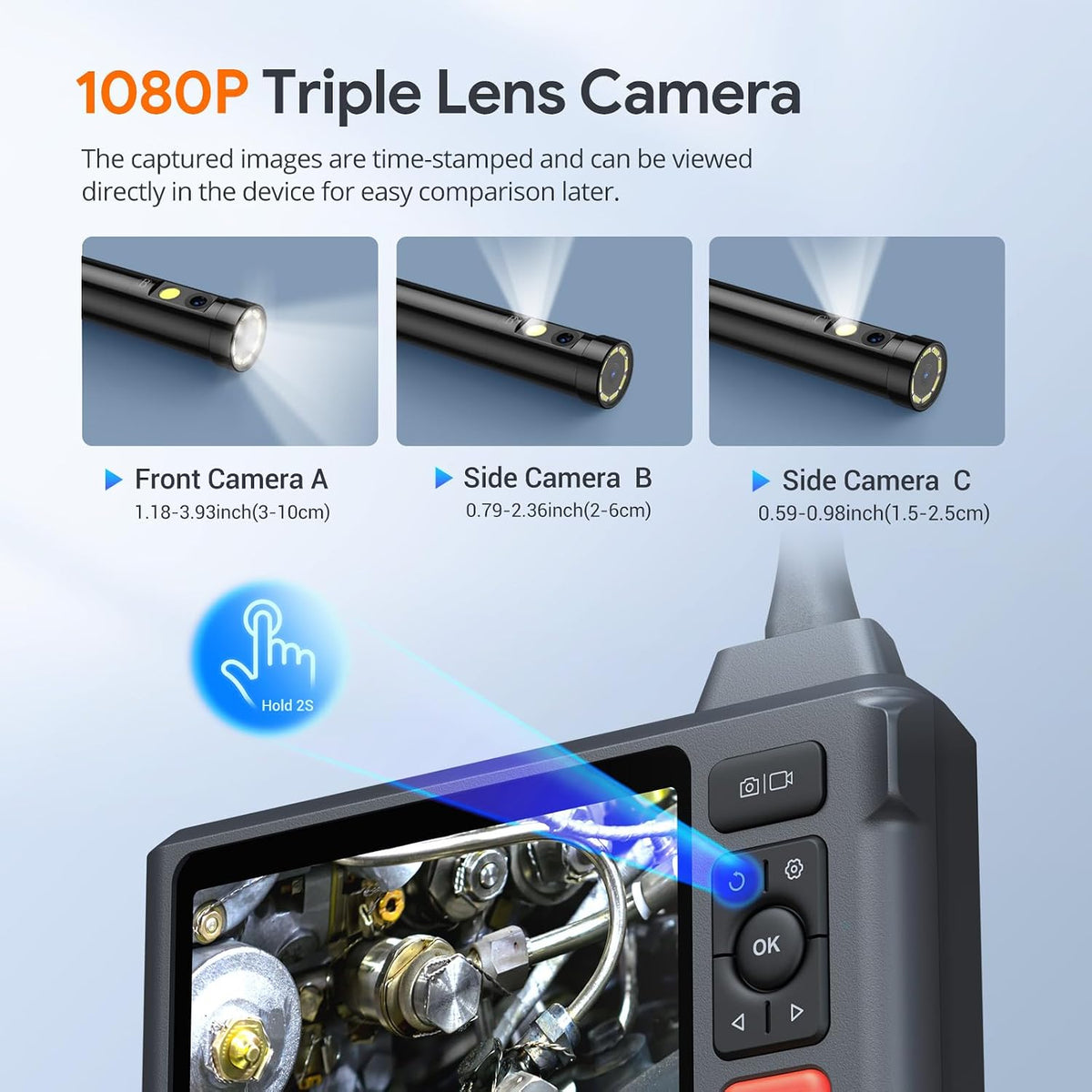 DEPSTECH 50FT Endoscope Camera, Triple Lens 5" IPS Screen Inspection Camera | 1080P Borescope with 10 LED Lights, Split Screen Drain Camera, 32GB TF Card, 2600mAh, IP67 Waterproof for Sewer Plumbing HAVC