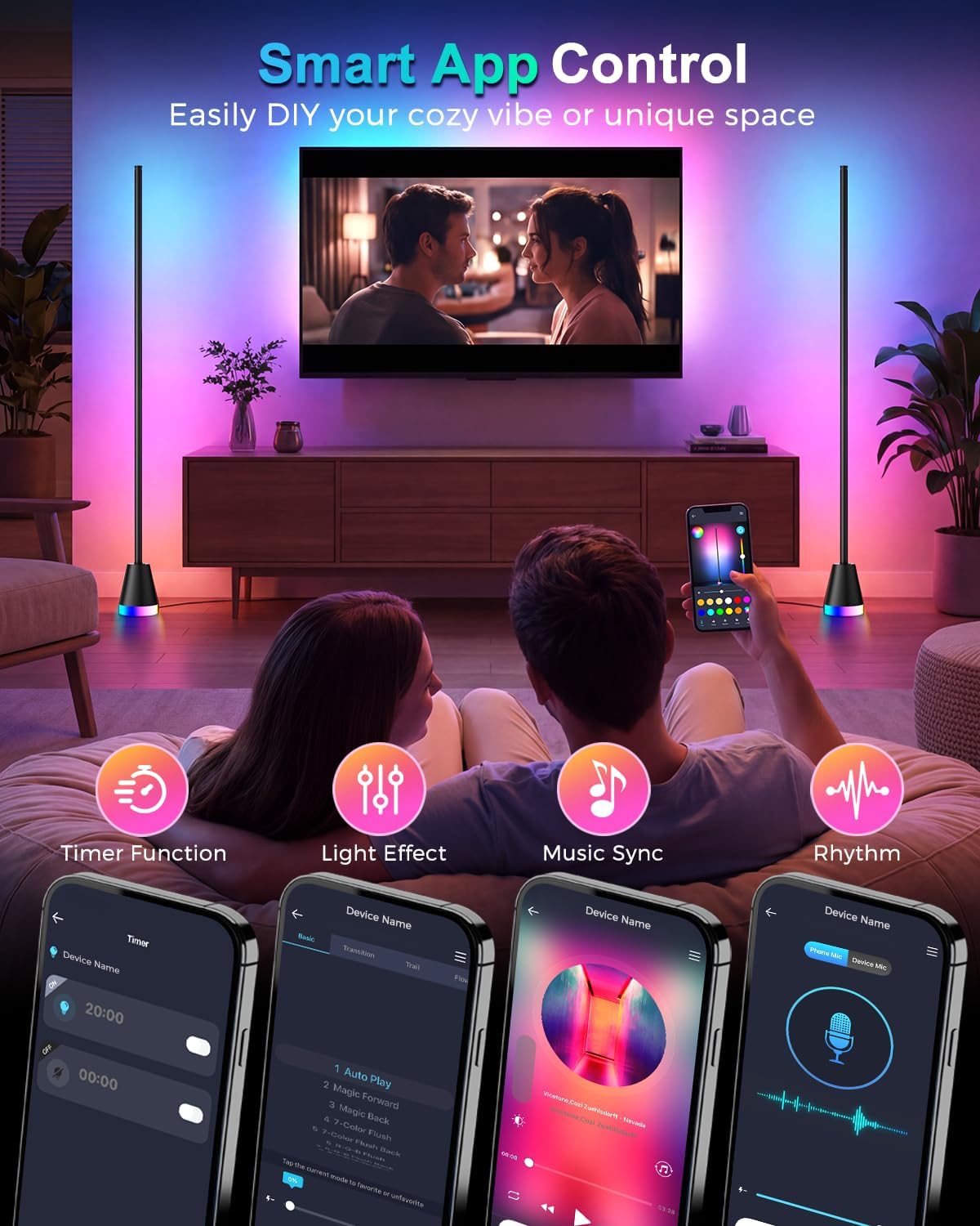 Corner Floor Lamp, Smart RGB Lamps for Living Room Bedroom, APP & Remote Control Tall Standing LED Lights, 16 Million DIY Colors Cool Modern Ambient Lighting with Music Sync & Timer, Black