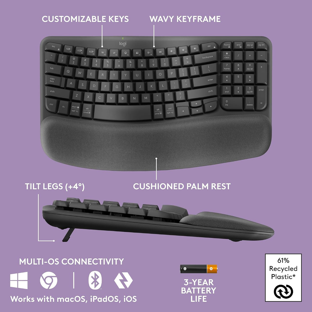 Logitech Wave Keys MK670 Wireless Ergonomic Keyboard Mouse Combo - Graphite
