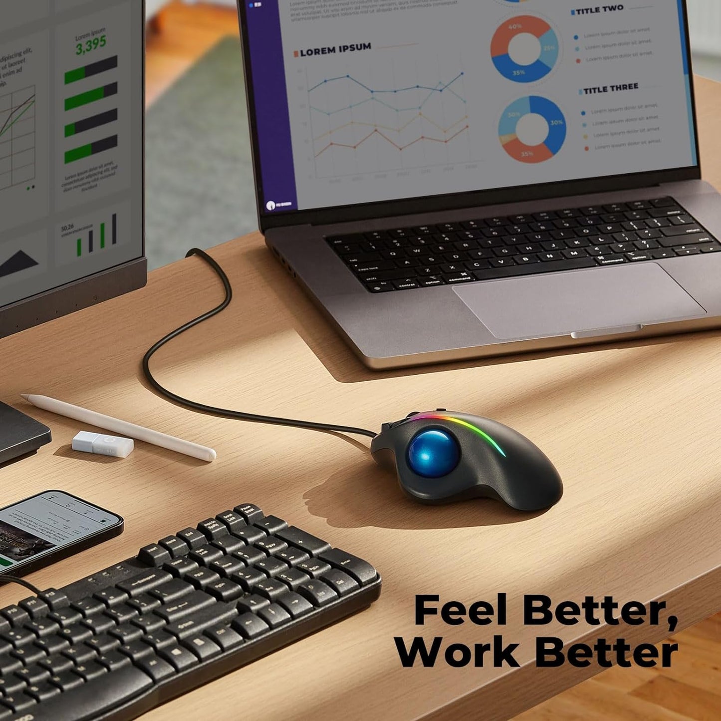 Wired Trackball Mouse with RGB Lighting, Ergonomic Thumb Control to Reduce Muscle Strain, 5 Adjustable DPI, Dual USB-C & USB-A Connectivity, Compatible with PC, Laptop, Mac, Windows-Blue