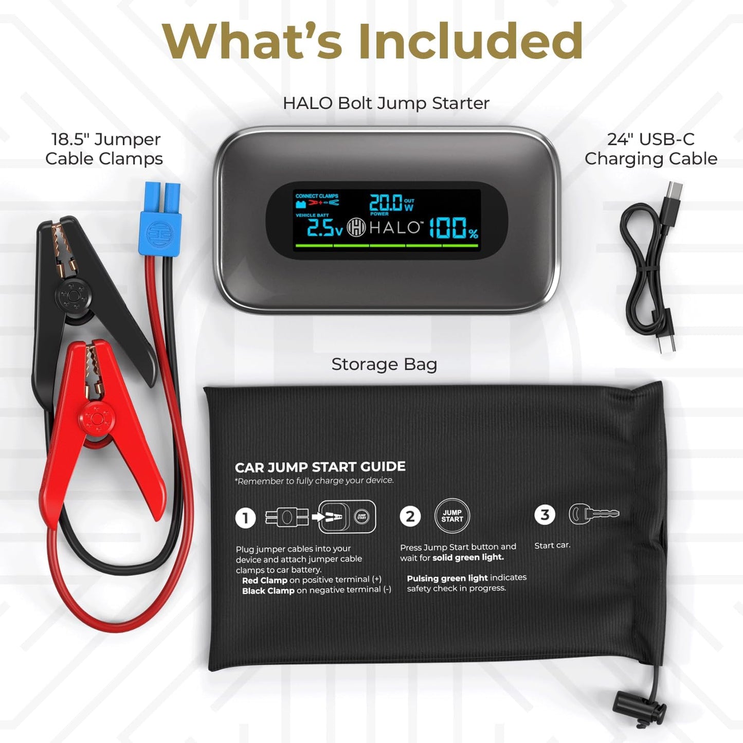 Halo Bolt 1500A Car Battery Jump Starter, Power Bank, LED Light, Silver