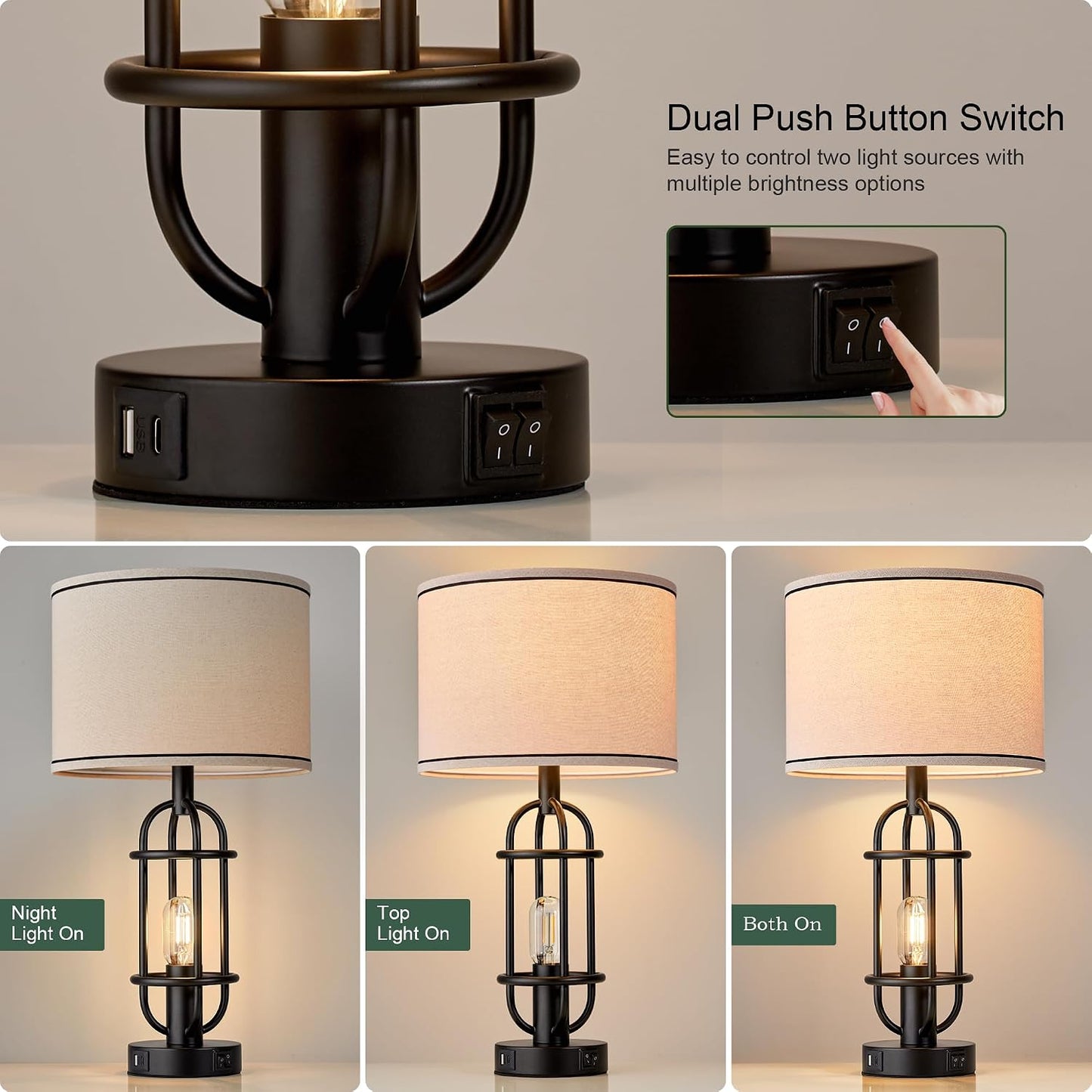 Reaketon Black Table Lamps for Living Room Set of 2, 22.3" Farmhouse Lamps for Nightstand, Industrial Table Lamps for Bedroom with USB Ports, Bulbs Included