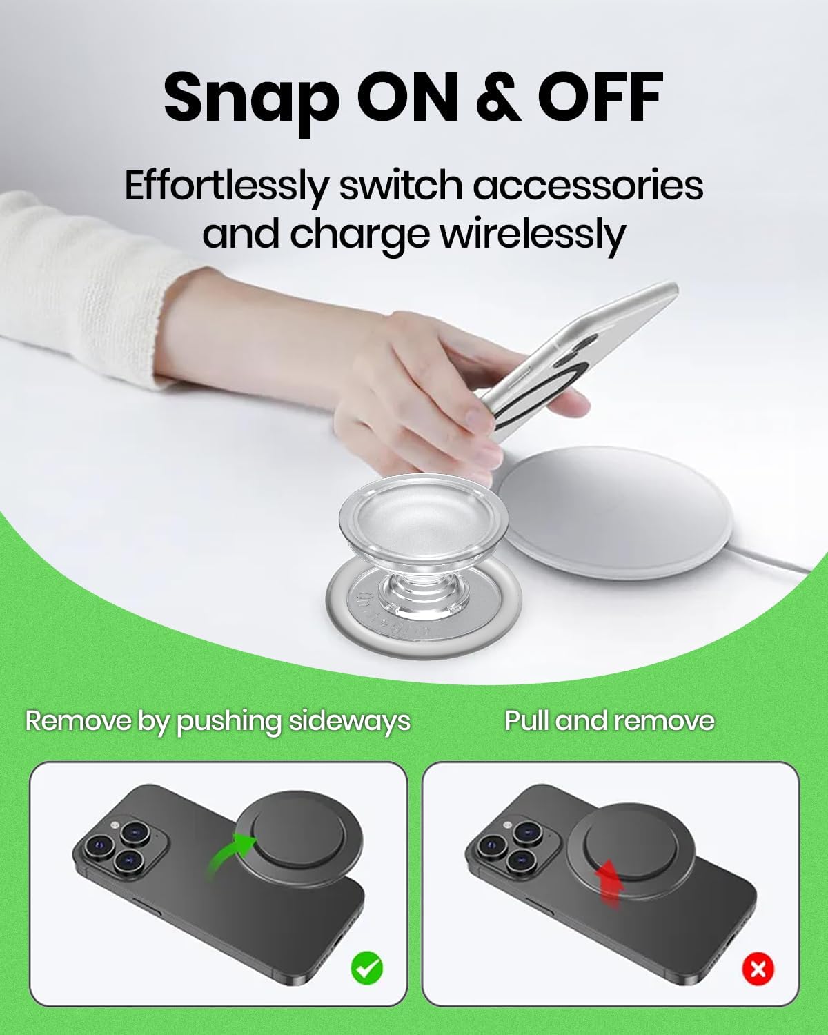 On The Grip Magnetic Phone Grip for MagSafe, Genuine Natural Seashell Stone, Swappable Top, Strong Magnet Holder & Kickstand for iPhone 15 14 13 12 Pro Max Plus & MagSafe Cases (Black Fresh Water)