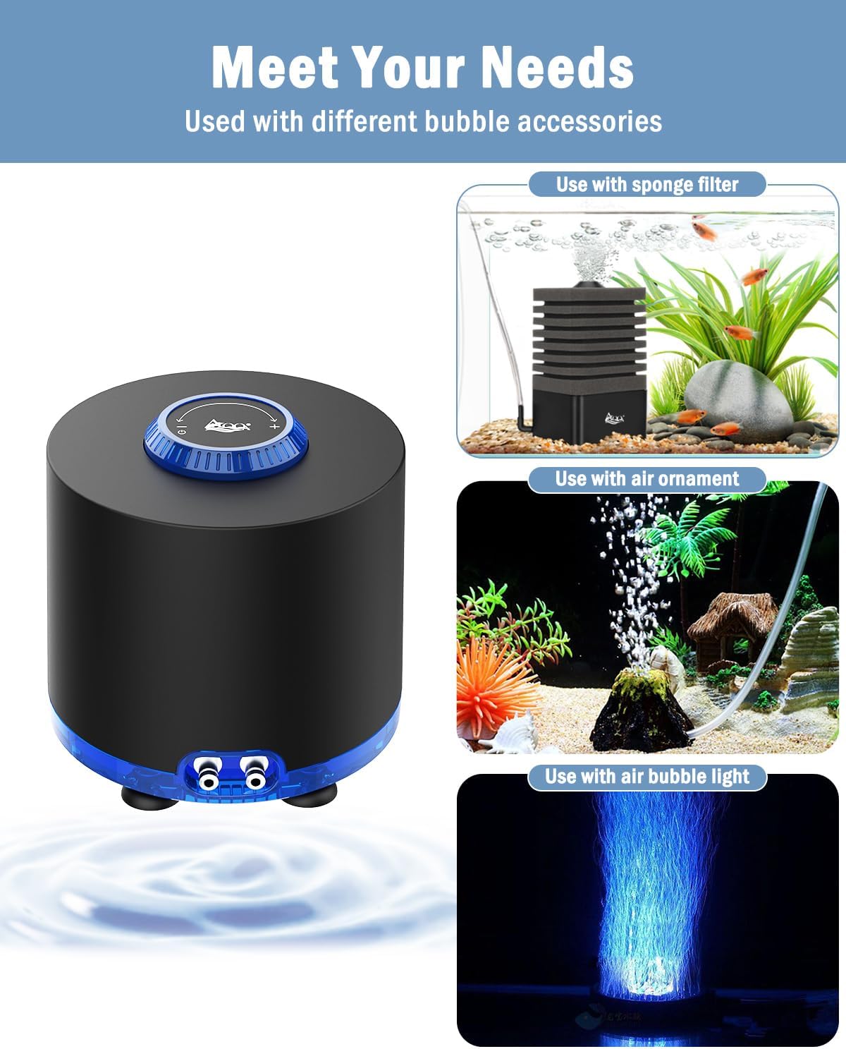 AQQA Aquarium Air Pump, 3W Powerful Dual Outlet Adjustable Oxygen Aerator | Quiet Operation, Stainless Steel Outlet Fish Air Pump, Adjustable Air Flow with Air Stone Bubbler, for Up to 80 Gallon Tank