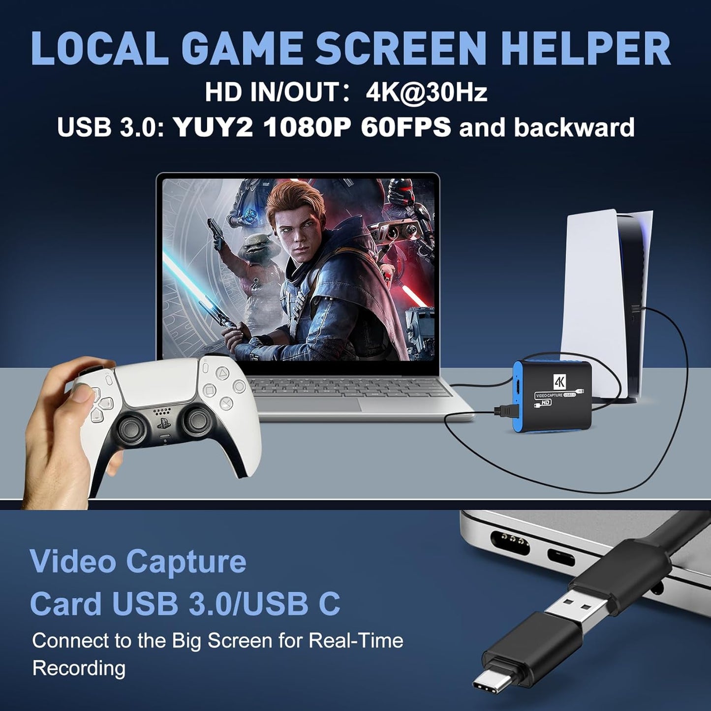 USB Capture Card for Streaming, YUY2 1080P 60FPS for Switch/PS5/Xbox/DSLR | 4K HDMI Pass-Through, 3.5mm Mic-in, Plug & Play No Drivers, for OBS Twitch YouTube, Windows/Mac Compatible