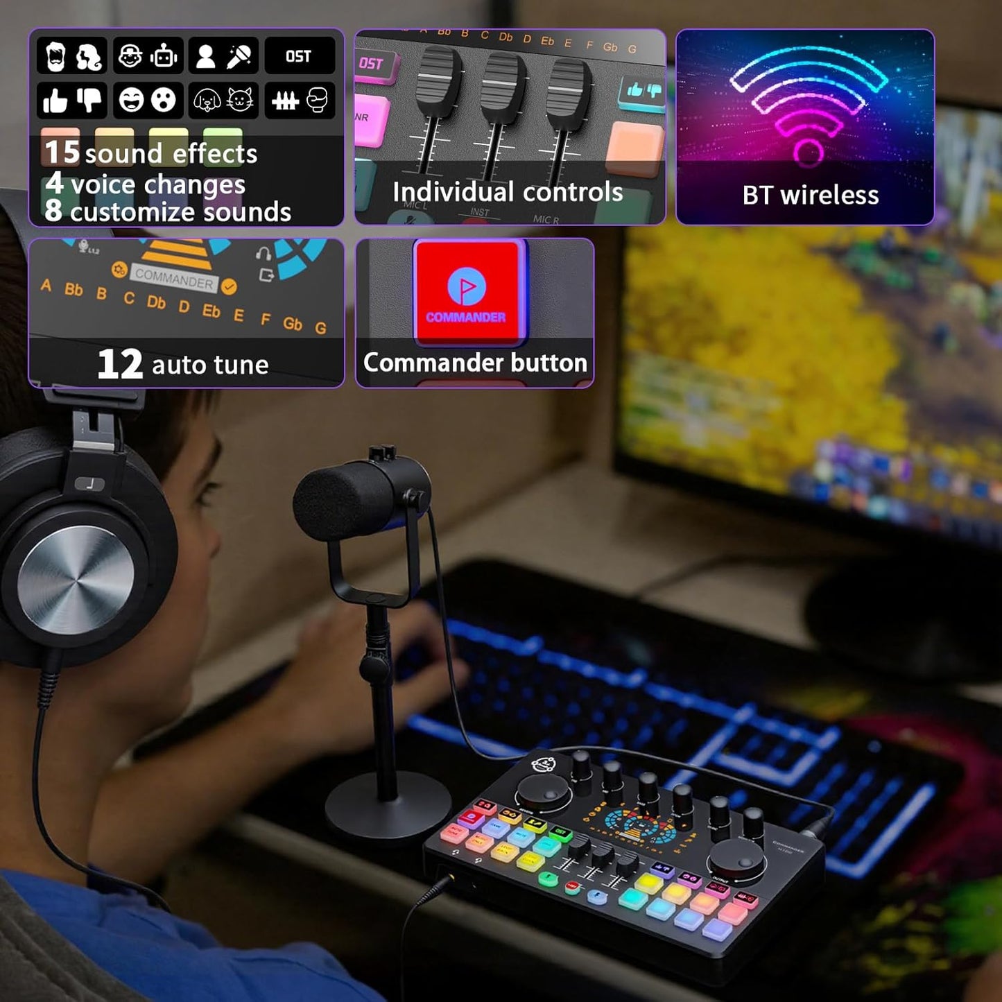 Podcast Equipment Bundle, RGB Audio Interface Mixer with Dynamic XLR/USB Microphone, Desktop Stand, Noise Reduction, Voice Changer, for Vocal Recording, Podcasting, Streaming, Gaming,TikTok
