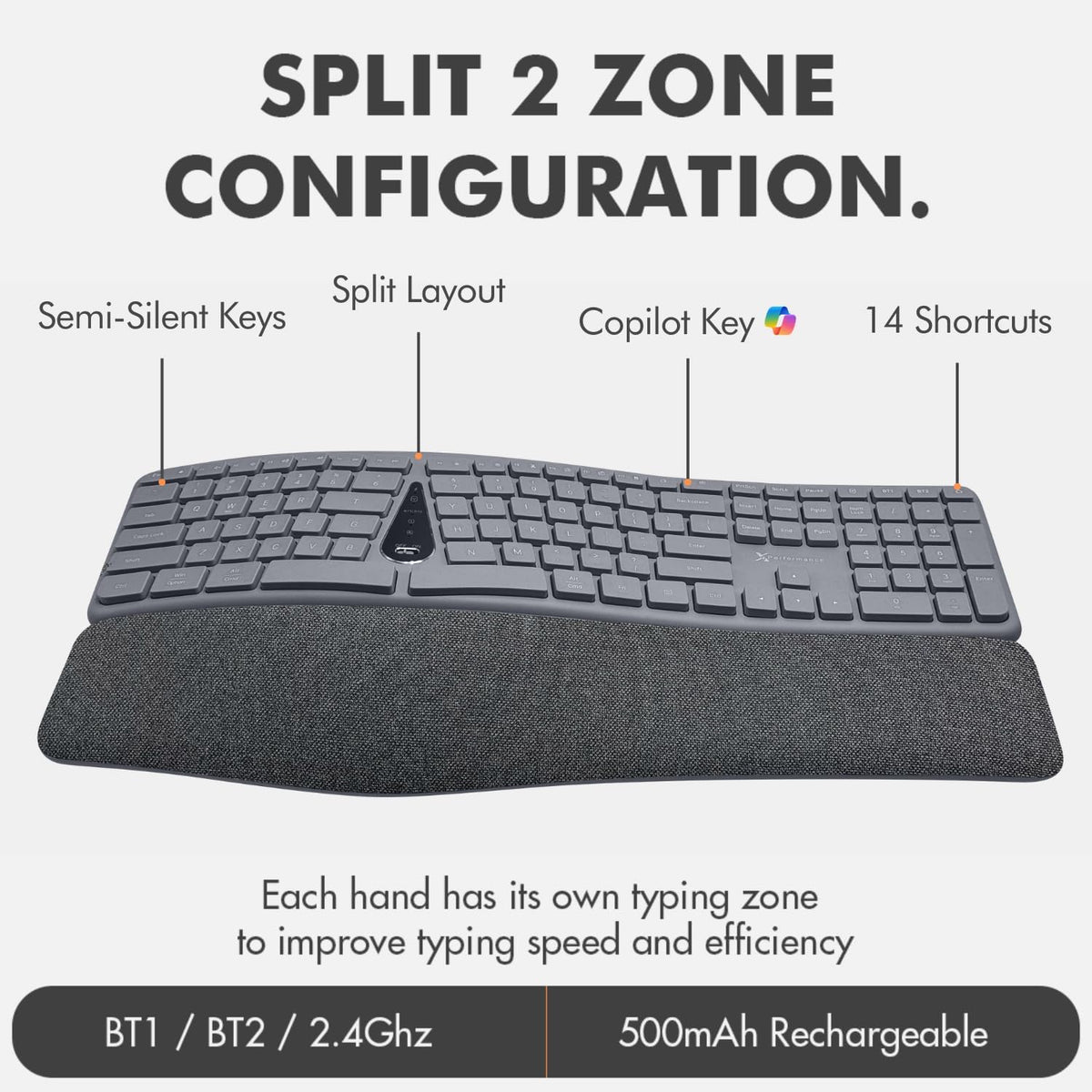 X9 Gray Ergonomic Keyboard and Mouse Wireless Combo - Split Keyboard and Mouse Set, Bluetooth/2.4G, Soft Wrist Rest, Rechargeable, Silent Keys, Multi-Device for Laptop, PC, Mac, iOS, Android