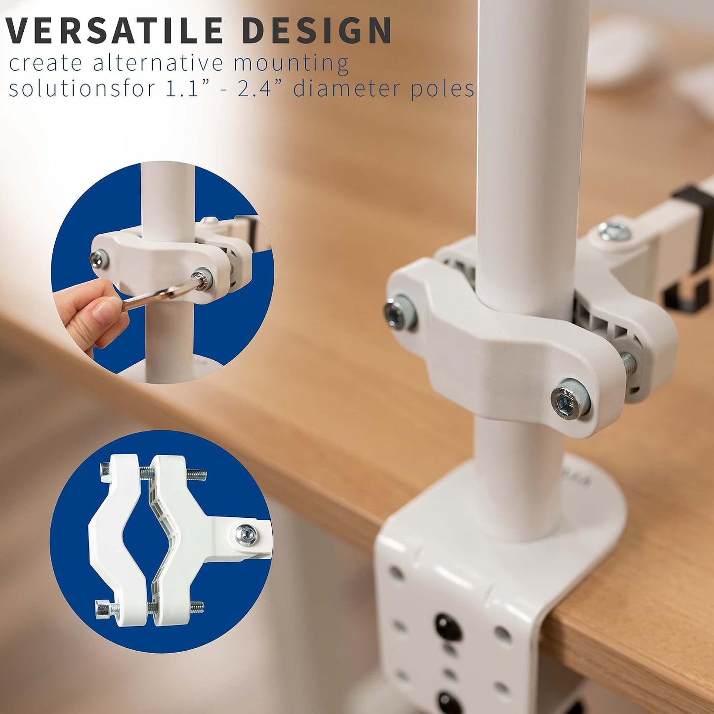 VIVO White Pole Mount Monitor Arm for 17 to 32 in Screen, MOUNT-POLE01AW | Universal, Heavy Duty Steel Design, Full Motion VESA Monitor Arm, Removable 75mm and 100mm VESA Plate