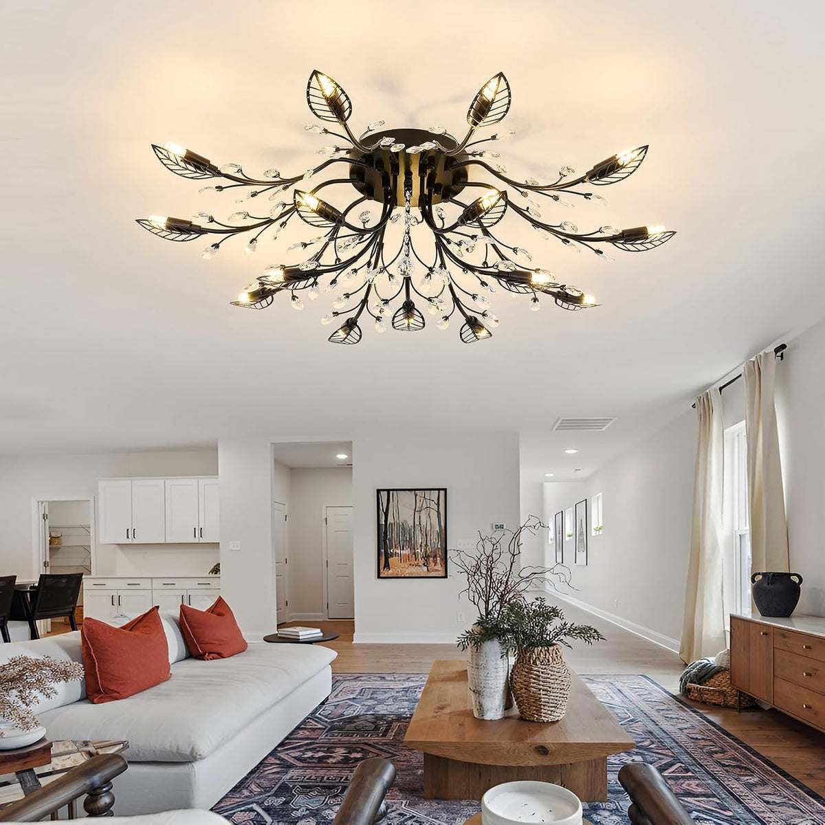 CVKASH 15 Light Vintage Small Crystal Chandelier Modern Branche Semi Flush Mount Ceiling Light Fixture Black Chandelier Lighting for Kitchen Bedroom Living Room Dining Room Hallway Foyer