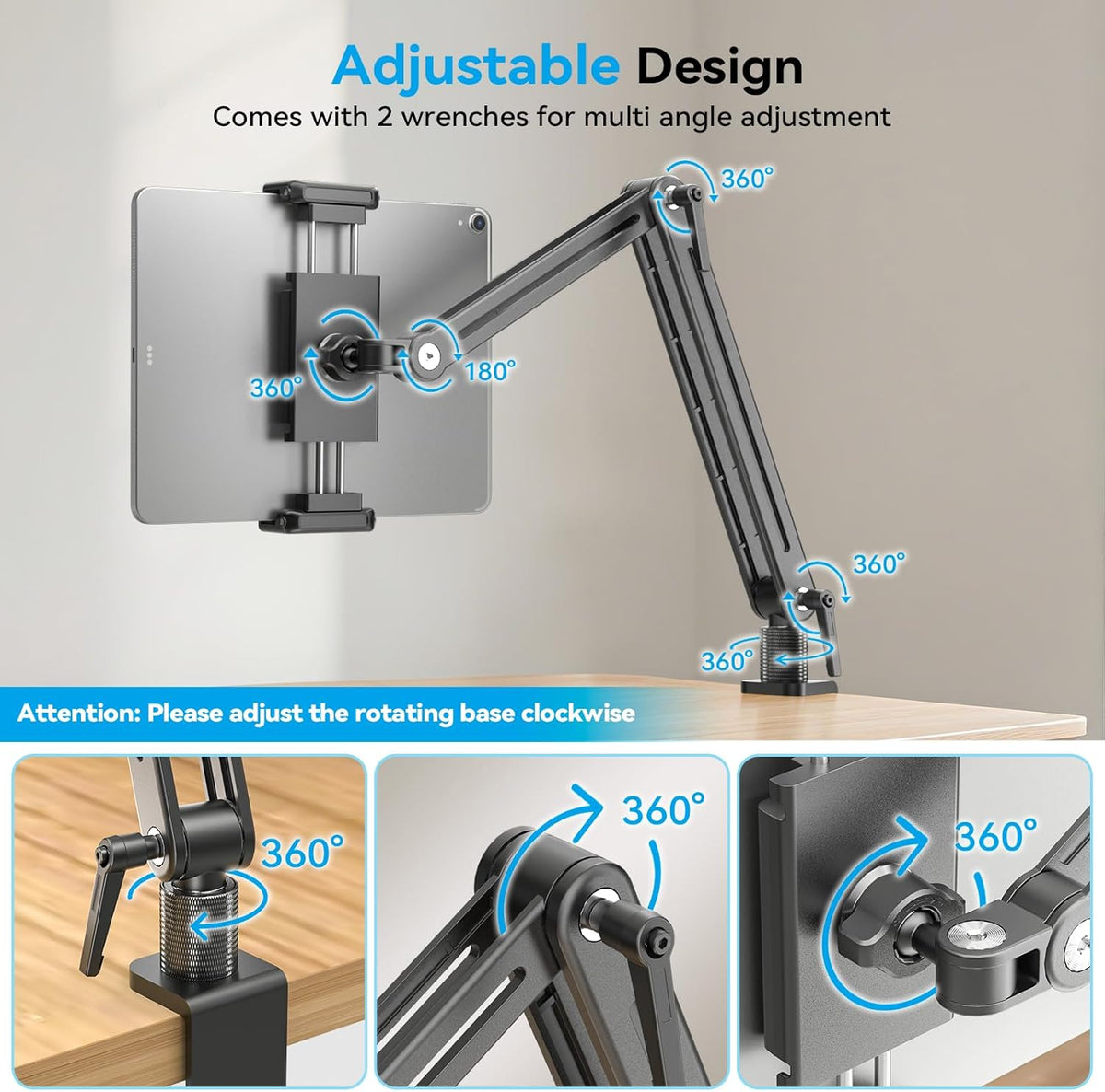 Portable Monitor Arm Mount Holder Screen Stand 18.5" 360° Rotating Base | Solid Aluminum,Tool-Free Tilt,No Sagging,Zero Plastic Joints,Hybrid Lock,Desk Protection Clamp for WFH Setups & Coding