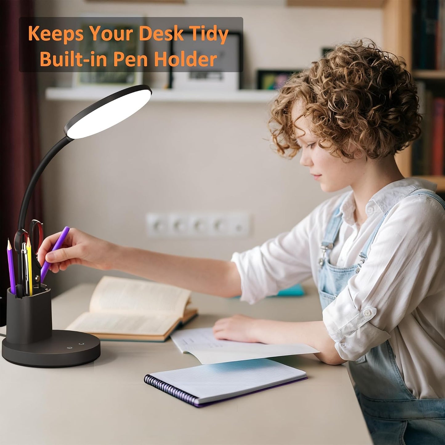 LED Desk Lamp for College Dorm with Pen Phone Holder, Black | 3 Color Modes Dimmable Desk Light, College Dorm Essentials, 360° Adjustable Arm, Eye-caring Bedside Reading Lamp, 800 Lumen