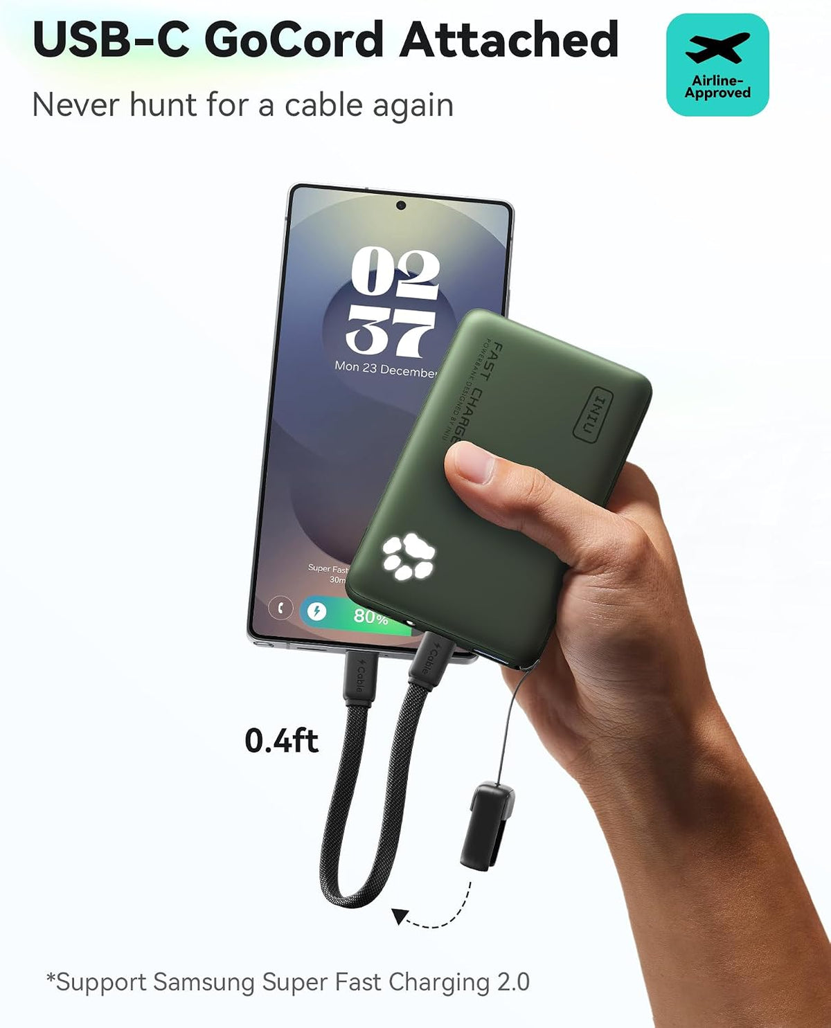 INIU 45W Fast Charging Portable Charger, Smaller 10000mAh Travel Power Bank | Flight-Safe, Detachable USB C Cable, Travel Essential, External Battery Phone Pack for iPhone 17 Samsung S26 iPad etc, Green