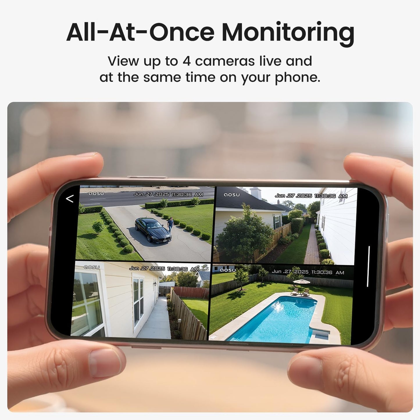 aosu D1 Classic 4-Cam Kit, Security Cameras Wireless Outdoor, Solar Powered | No Subscription Required, 32GB Build-in Storage, 360° Auto Tracking, Solar Powered, 3MP Color Night Vision, Easy Install