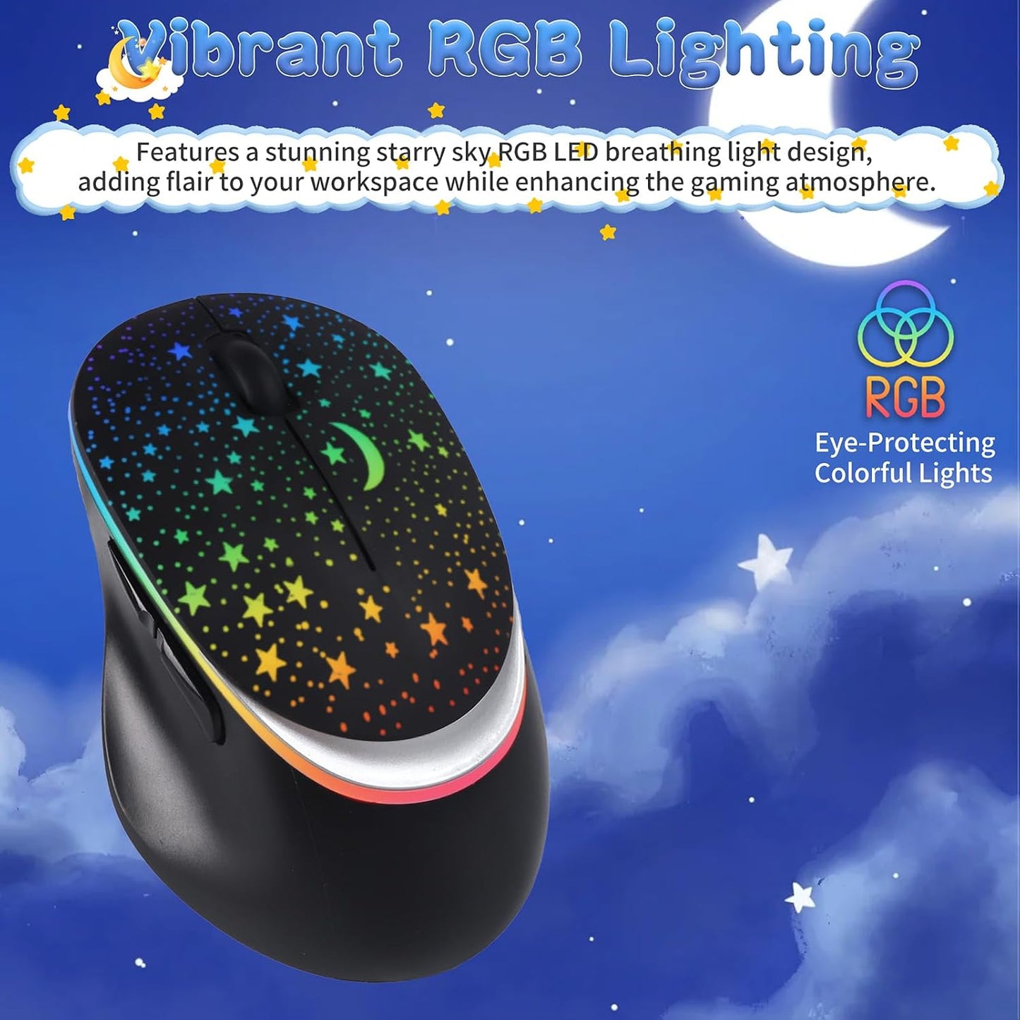 elec Space Bluetooth Wireless Mouse with Starry Sky RGB Backlight&amp; Gradient Breathing Light - Ergonomic Dual Mode Rechargeable Mouse, Type-C Charging - Perfect for Office, Gaming &amp; Travel (Balck)