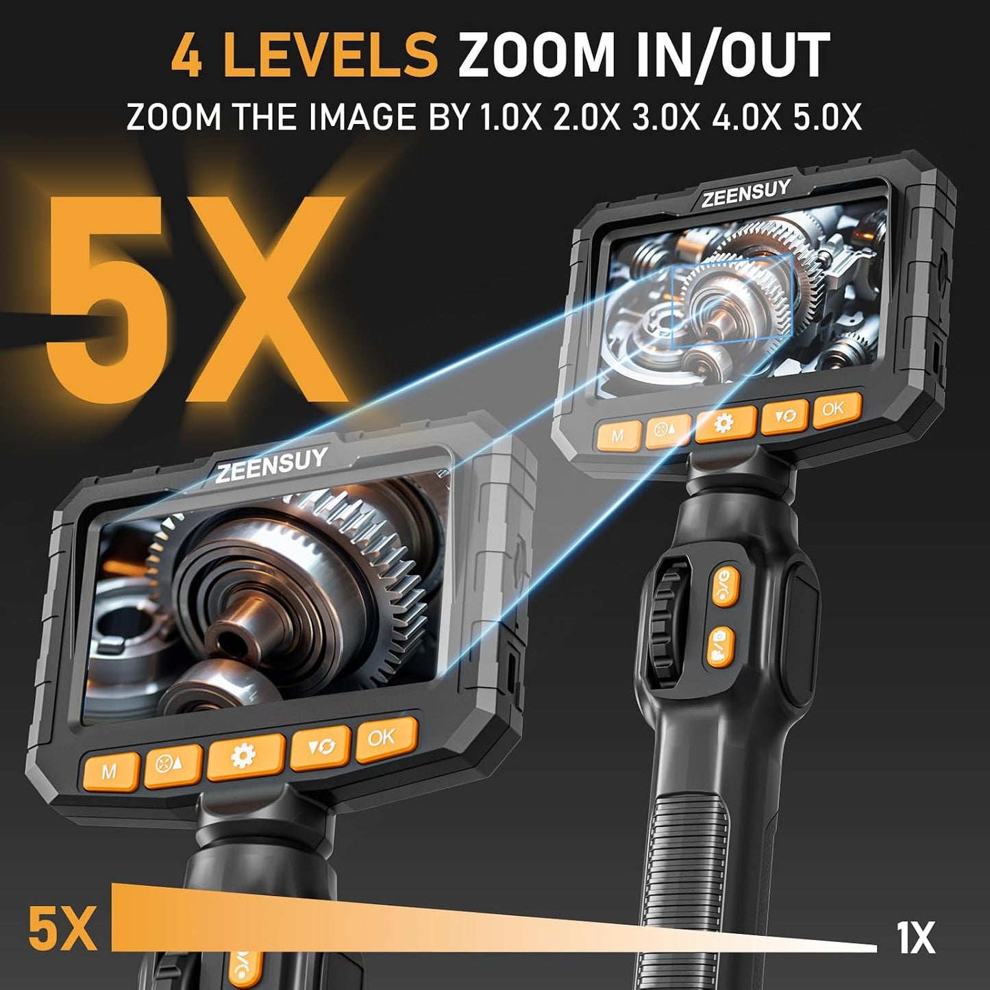 0.24in Two-Way Articulating Borescope, Endoscope Camera with Light | Industrial Inspection Camera, 5FT Flexible Semi-Rigid Cable, IP67 Waterproof, 4.3" IPS Screen, Automotive Engines & Plumbing