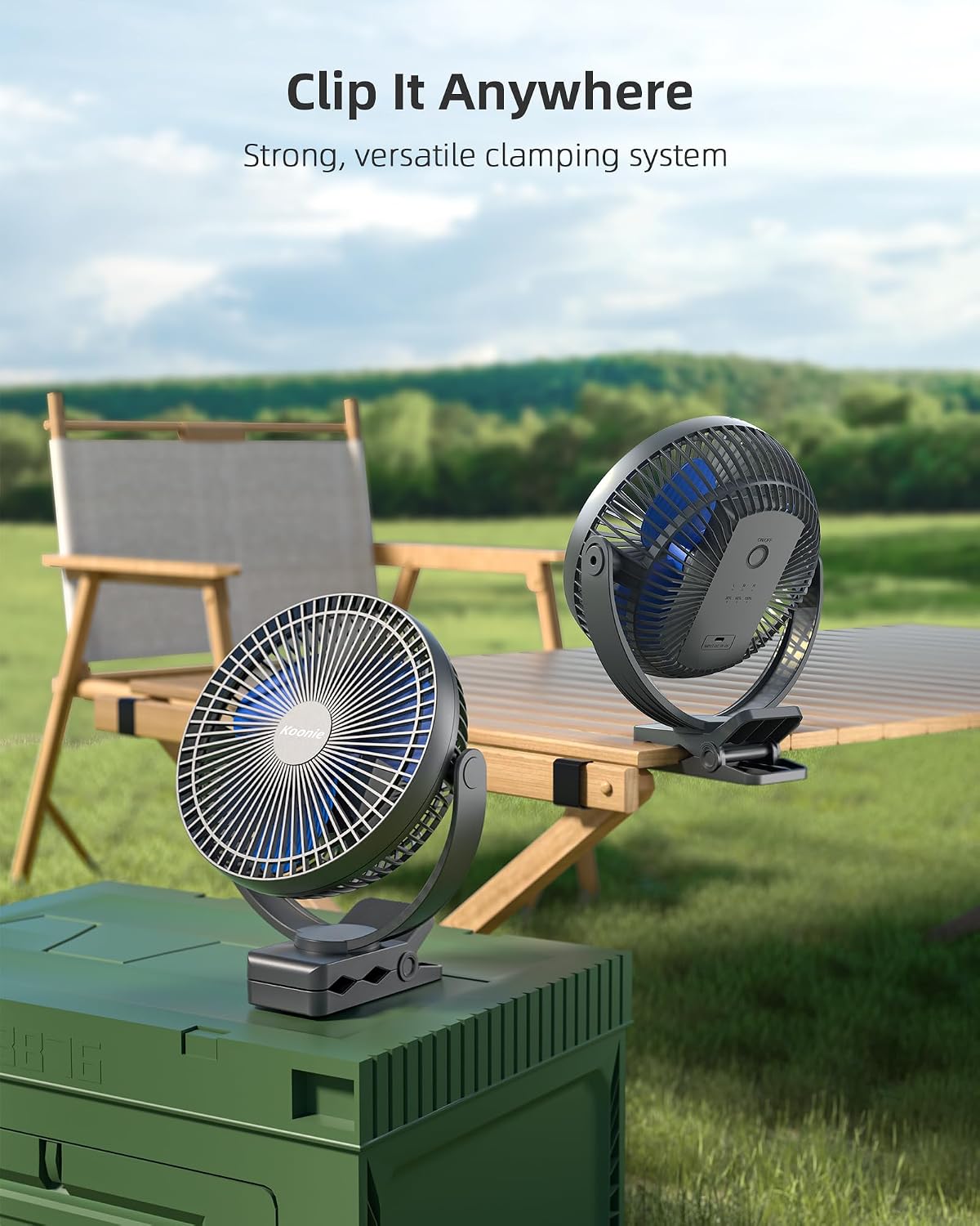 Koonie 8" Clip on Fan, 10000mAh Rechargeable Battery, Strong Airflow | 4 Speeds, Sturdy Clamp, Ideal Portable USB Desk Fan for Office, Golf Cart, Camping, Travel, Tent, Outdoor, Treadmill & Gym
