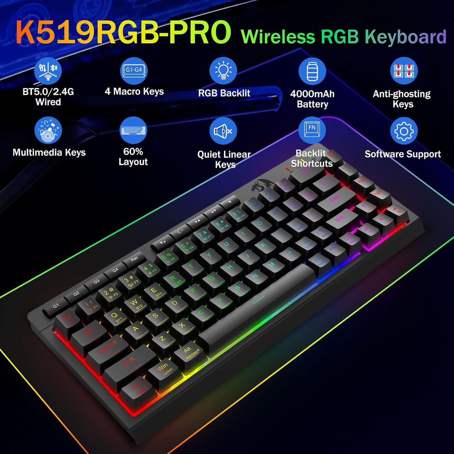 Redragon Wireless Gaming Keyboard, RGB Backlit, Portable 60% Design, Black | Bluetooth/2.4GHz/USB-C Wired, Mini Quiet Macro Membrane Keyboard, Rechargeable 4000mAh Battery, Anti-Ghosting for Win/MAC