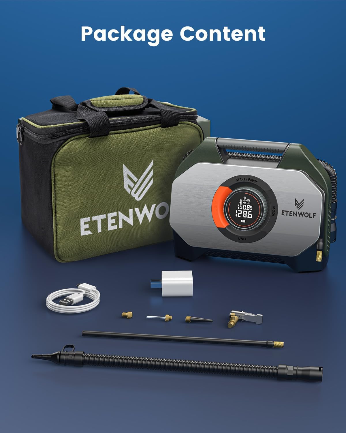 ETENWOLF VORTEX S7 Tire Inflator for Heavy-duty Vehicle with 38400 mAh | 160PSI Portable Air Compressor for Car Tires, Cordless Air Pump with 100% Duty Cycle & Dual Cylinder, Auto Shut-Off,LED Light