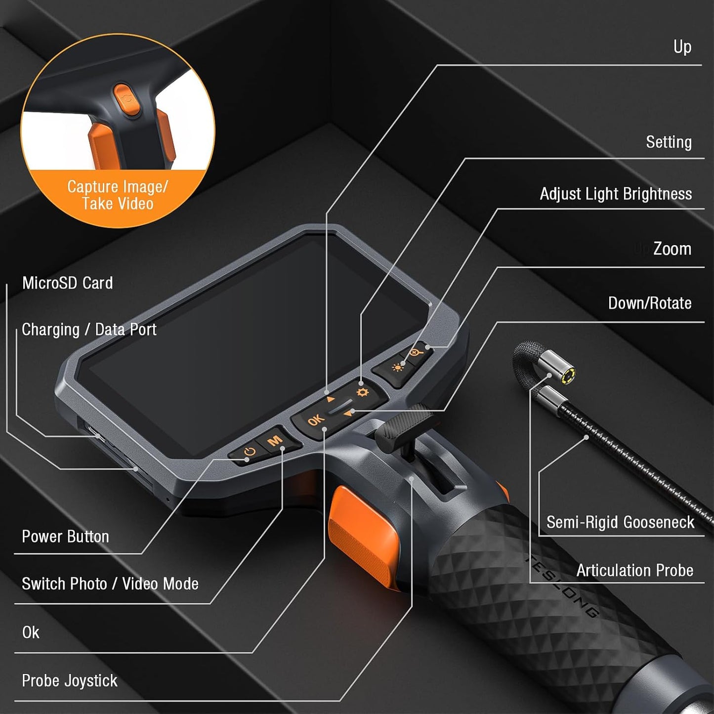 Teslong 10FT Articulating Borescope for Mechanic Automotive HVAC Wall Drain | 0.25inch Endoscope, 2.0MP HD Camera, 6 LED Lights, 210° Articulation, 4.5" IPS Screen, 32GB, IP67 Waterproof, Carrying Case