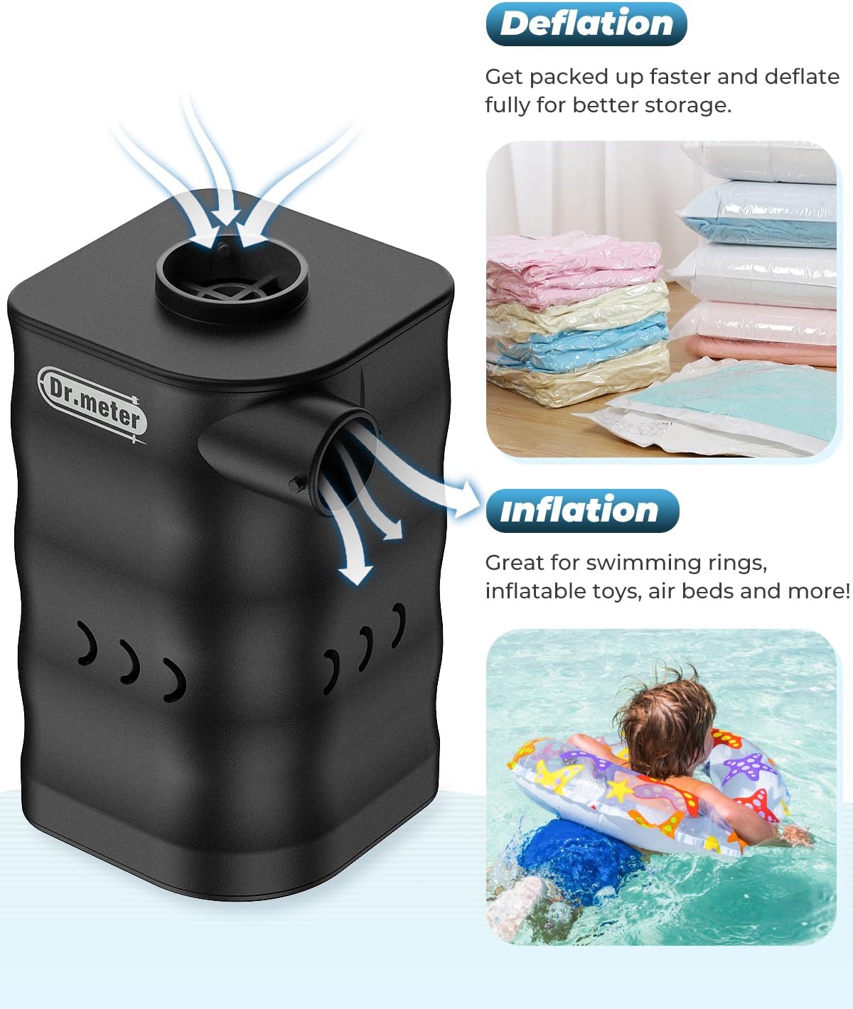 Dr.meter 6000mAh Rechargeable Long-Lasting Air Pump for Inflatables | Portable Quick-Fill Air Mattress Pump Inflator Deflator for Inflatable Pool Boat Float Raft Swimming Rings Camping Vacuum Bag
