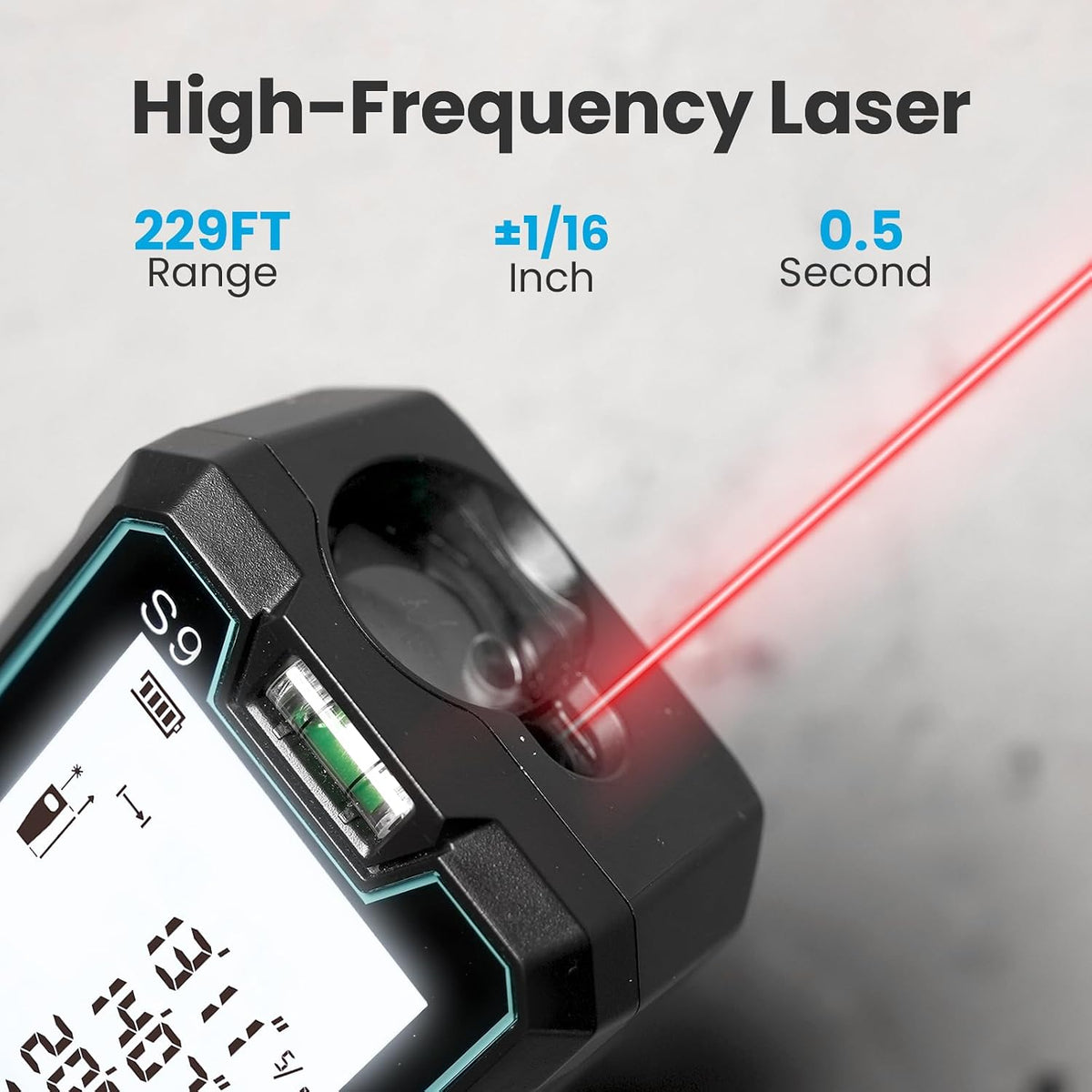 S9 229ft/70m Laser Measuring Tool, LCD Backlit Display | 2 Bubble Levels, LCD Backlit Display, IP54 Waterproof, Pythagorean Mode, Ft/in/M Units for Distance, Area, Volume