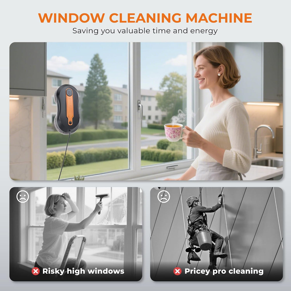 FRUITEAM Automatic Window Cleaner Robot with Dual Direction Auto-Spray | APP and Remote Control, Smart Path Detection, Triple Safety System Anti-Drop for High-Rise Windows, Glass,Door, with 8 Rags