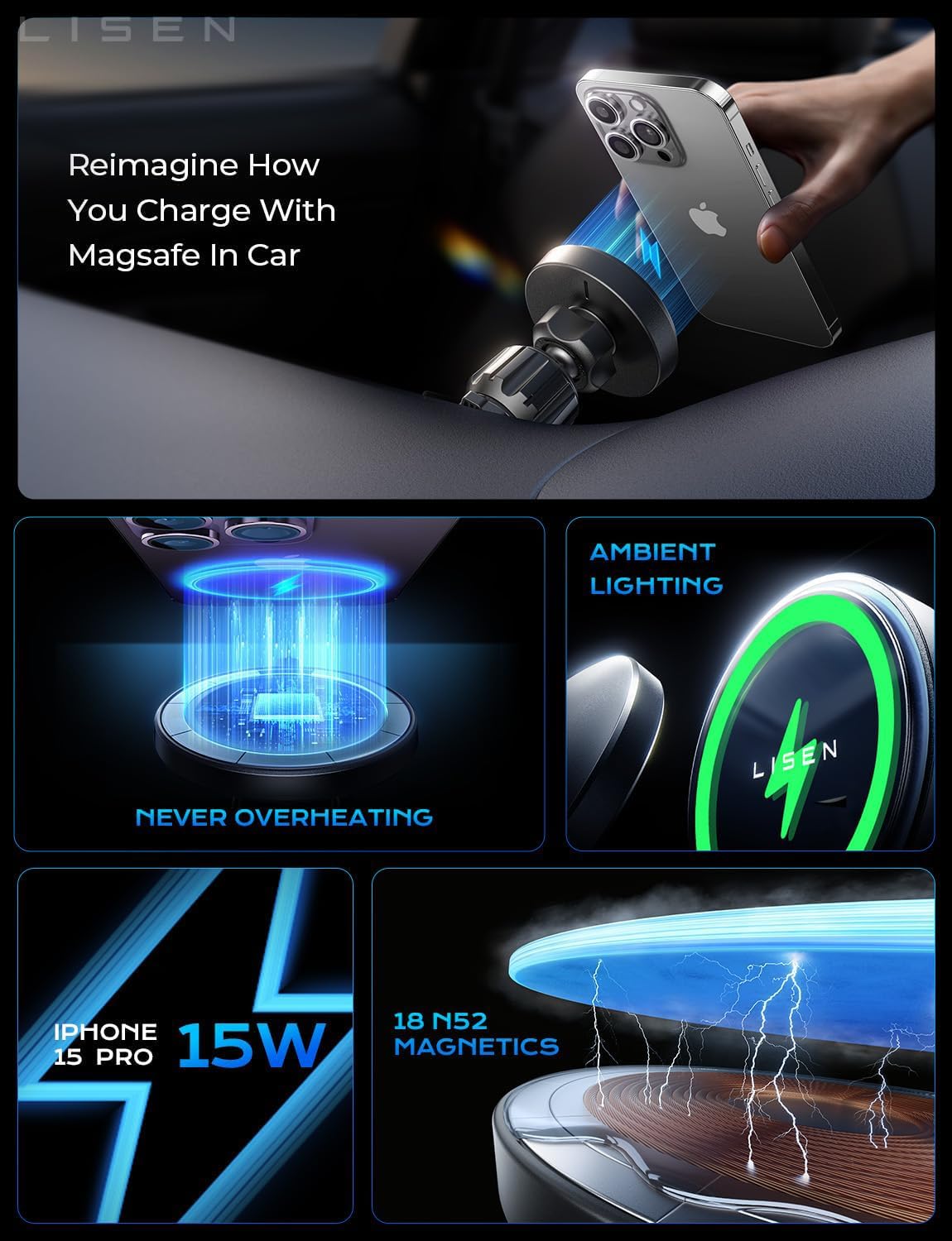 LISEN 15W MagSafe Car Mount Charger, Magnetic Phone Holders for Your Car | [Dual Mounting Type for 99% Vehicles] Magsafe Car Mount,15W Magnetic Wireless Car Charger Car Accessories for iPhone 17-12