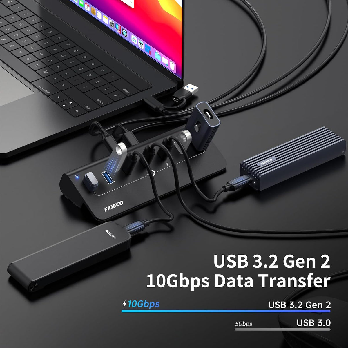FIDECO Powered USB Hub, 7 Port 10Gbps Fast Data Hub for iPhone 16/15 and Laptop, Full Aluminum USB Splitter with 5V 3A Power Adapter, 4 USB A and 3 USB C Ports, Support BC1.2 Charging
