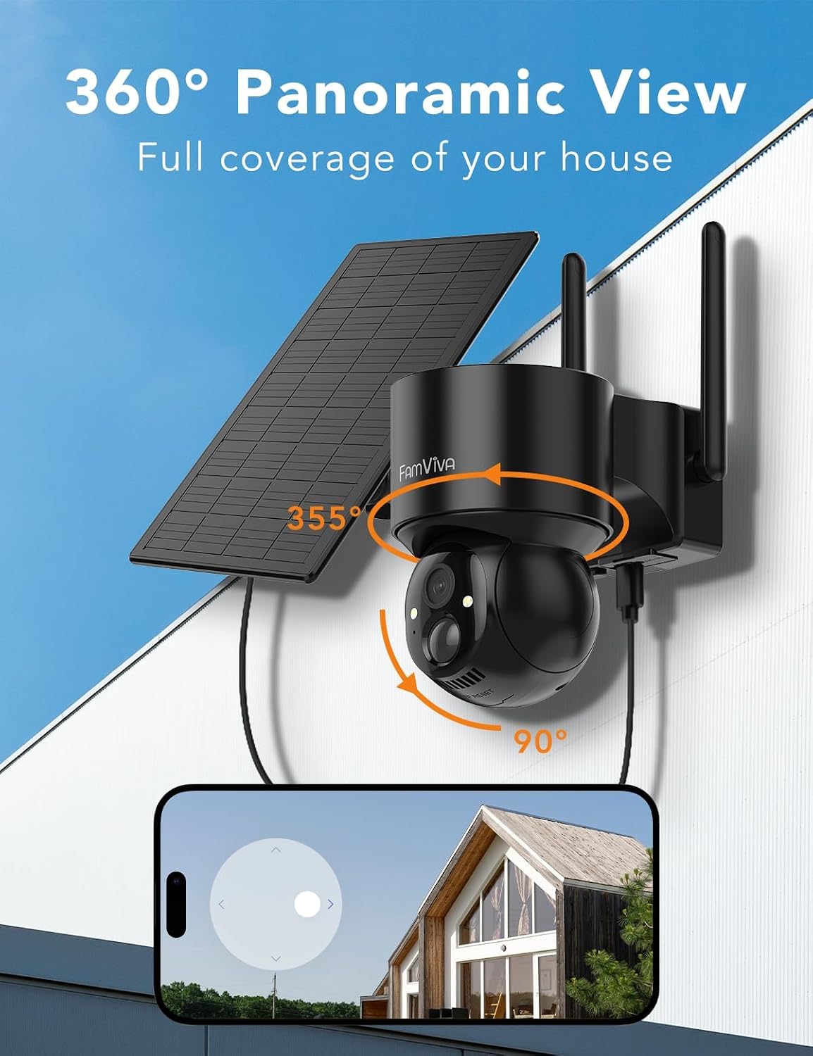 2K Solar Security Cameras Wireless Outdoor, 360°PTZ Battery Powered Cameras for Home Security, 2.4G WiFi Outdoor Camera with Color Night Vision, IP66 Waterproof, Motion Sensor Alarm, Black-4P