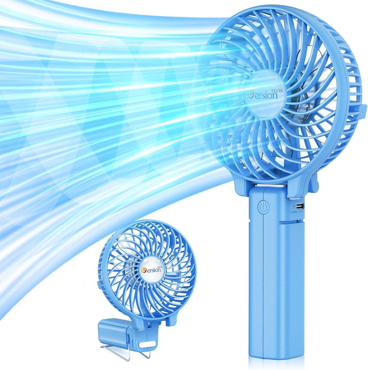 VersionTECH. Portable Handheld Fan, Powerful+Durable+180° Foldable, Mini Hand Fans with USB Rechargeable Battery Operated Cooling Accessories for Personal Use, Travel, Office Blue