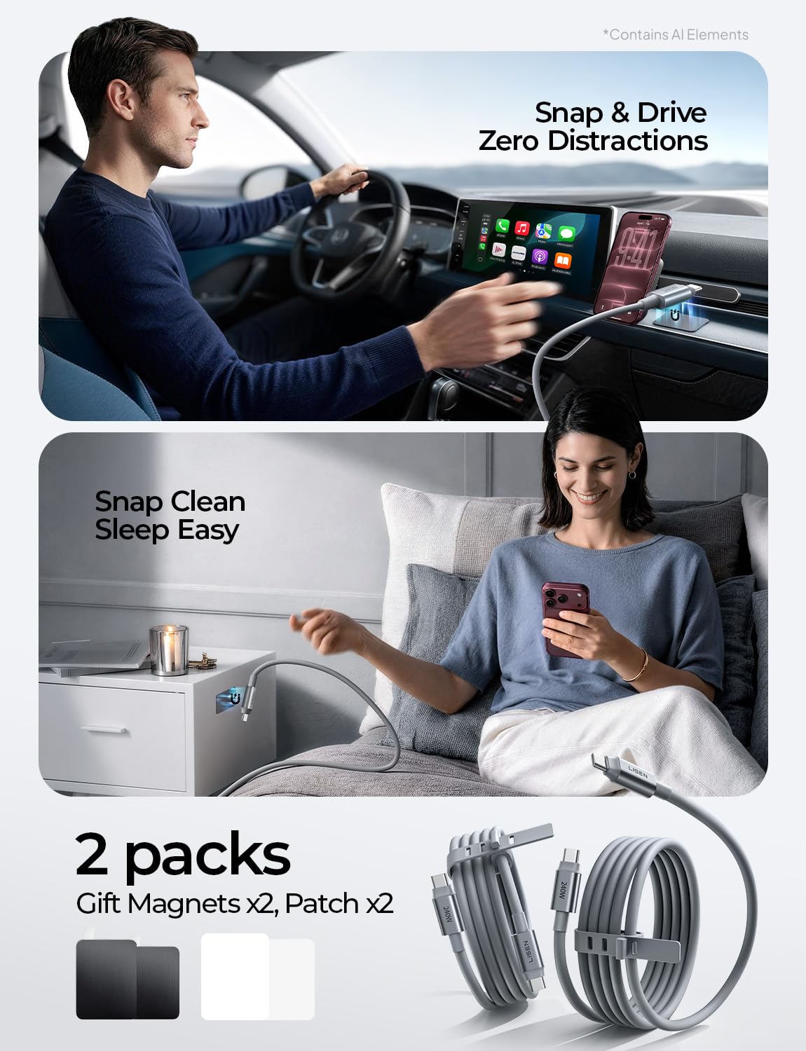 LISEN 240W Magnetic USB C Cable Fast Charging (2 Pack 5FT) Silicone Soft