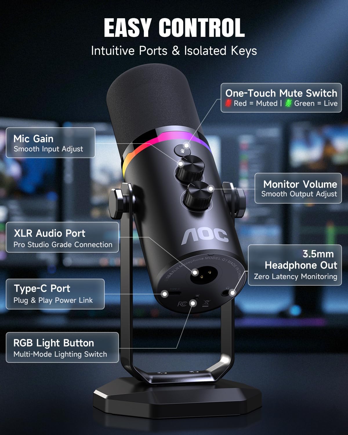 AOC USB/XLR Dynamic Microphone for PC Gaming, Podcast & Recording, Dual-Mode RGB Mic& Streaming Vocal Gear with Heavy-Duty Desk Stand, Clicky Mute, 7.5ft USB & 6.5ft XLR Cables Included