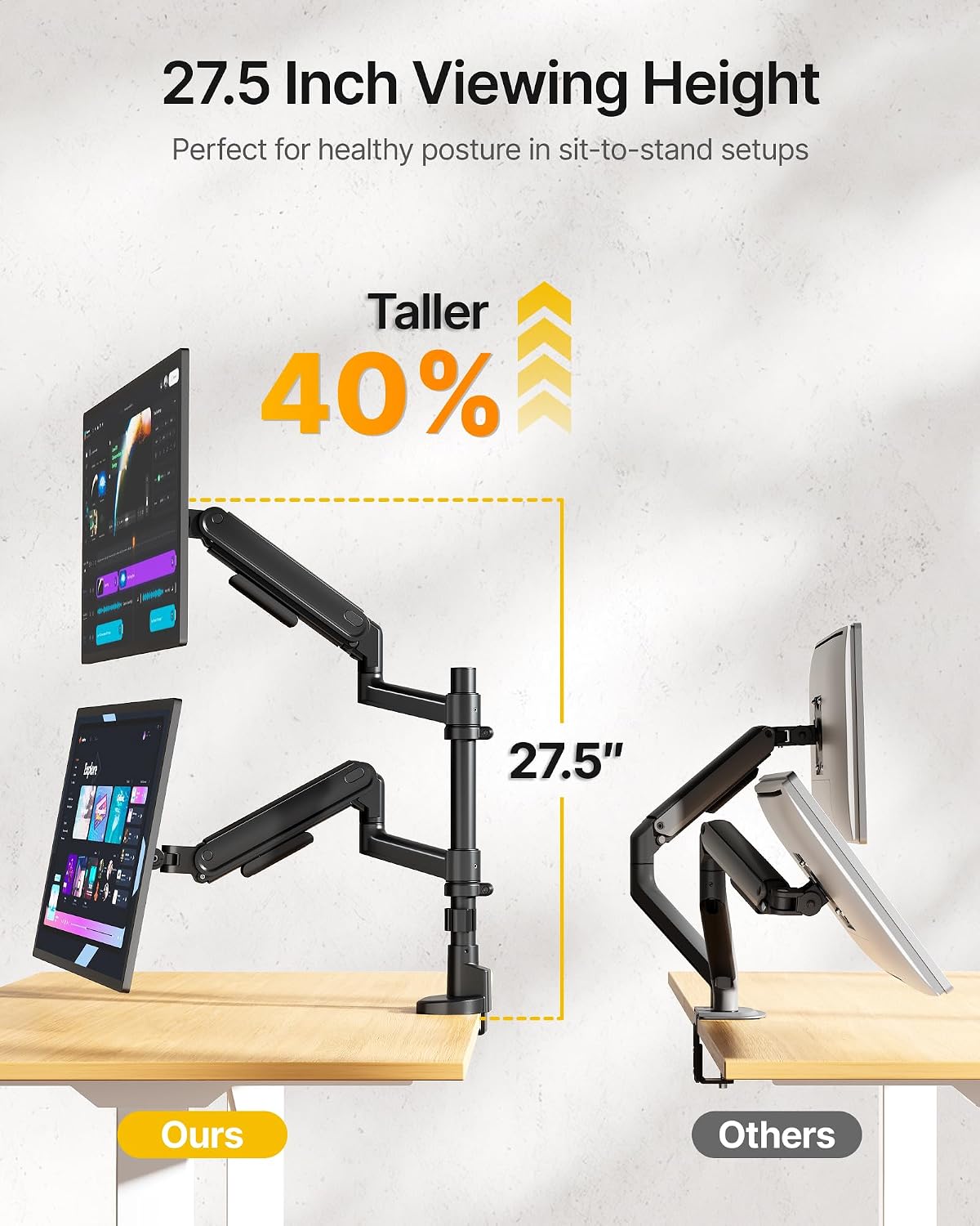 monTEK Dual Monitor Arm, Vertical Stackable 17–40" Full Motion with USB