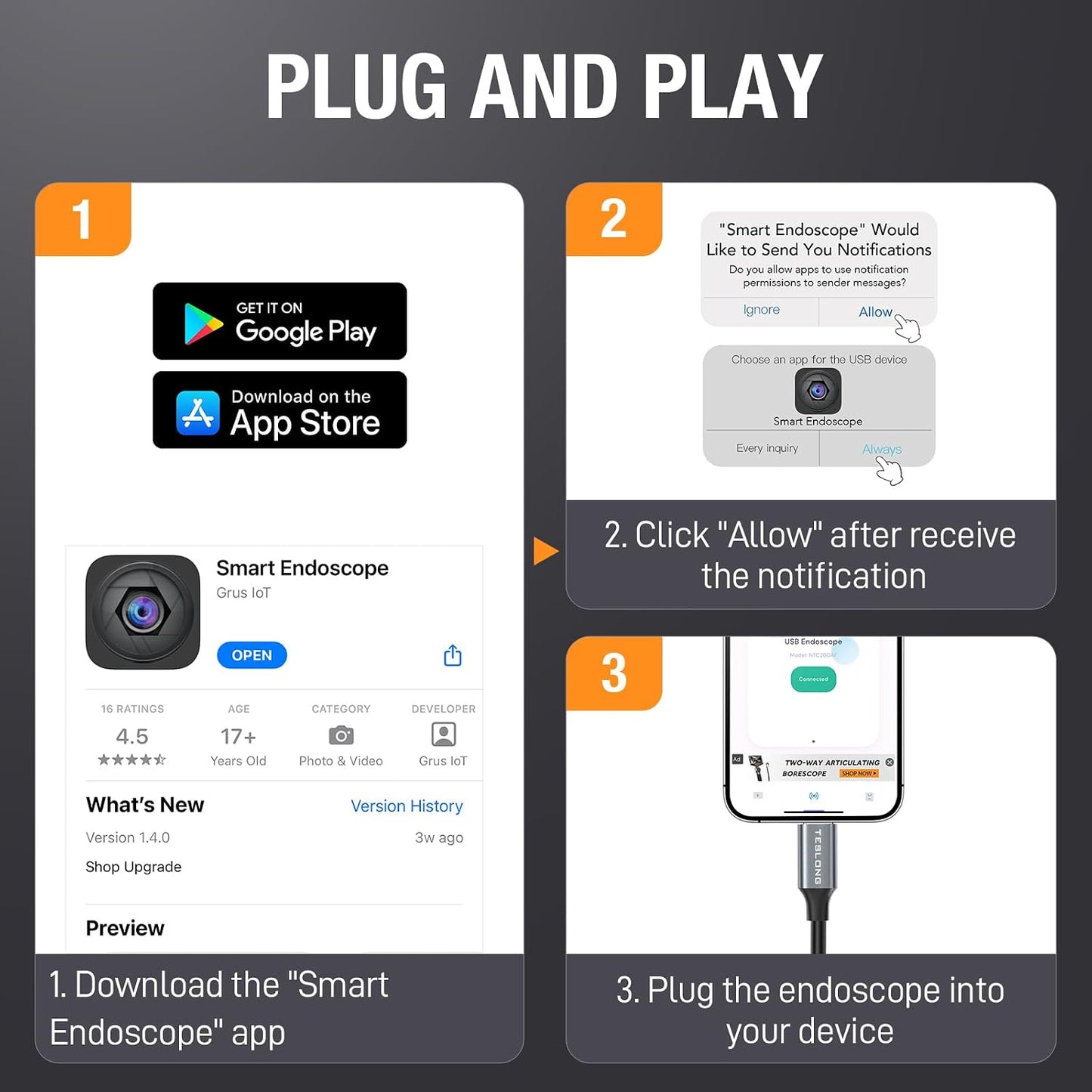Teslong 2.0MP USB-C Auto Focus Borescope for Plumbing & Wall Inspections | 16.5FT Flexible Endoscope with 8 LED Lights - Inspection Camera for Auto, HVAC for iPhone 15+ & Android