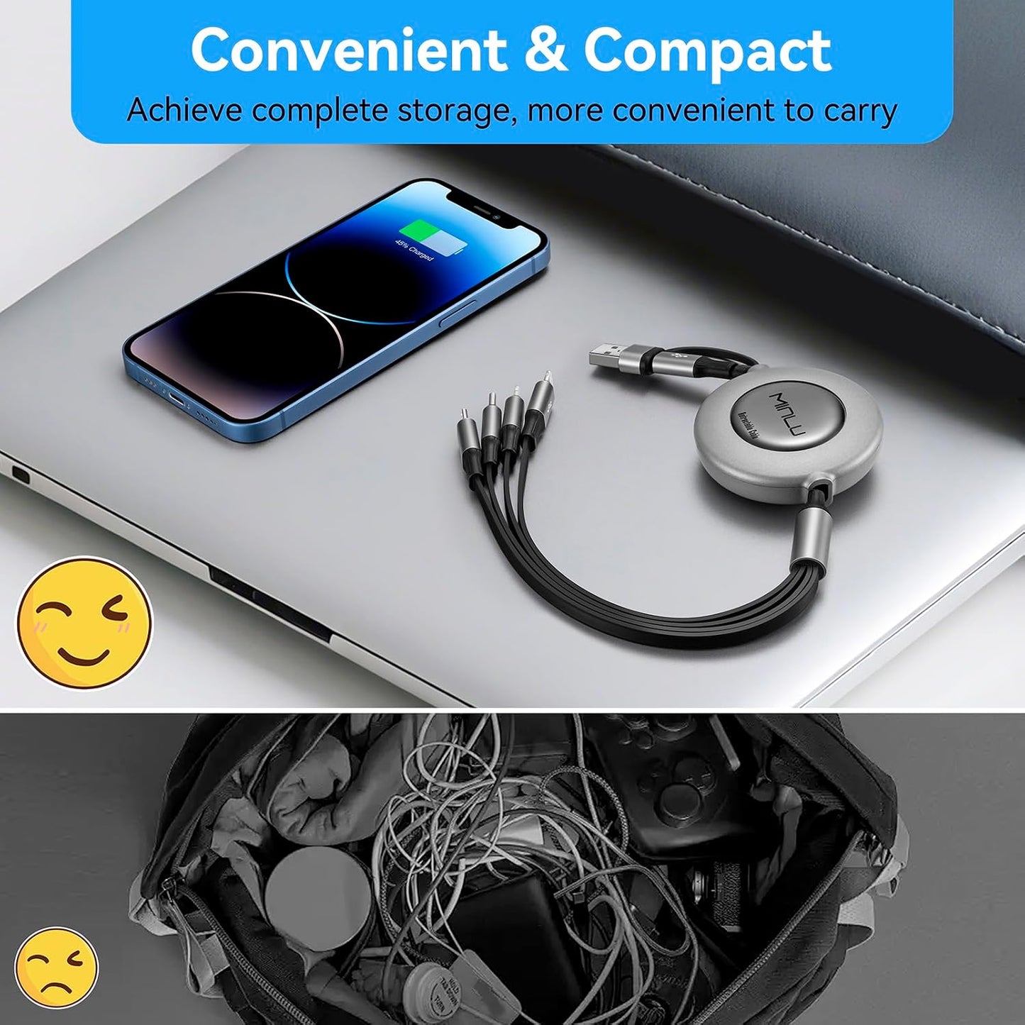 4 in 2 Multi Charging Cable 4A,Retractable USBA/C Universal Charger Cords | Multiple Charging Cord, USBA/C to Type C/L/Micro USB Ports Universal Car Charger for iPhone 17-8/Samsung/Tablets/PS-2Pack 4Ft