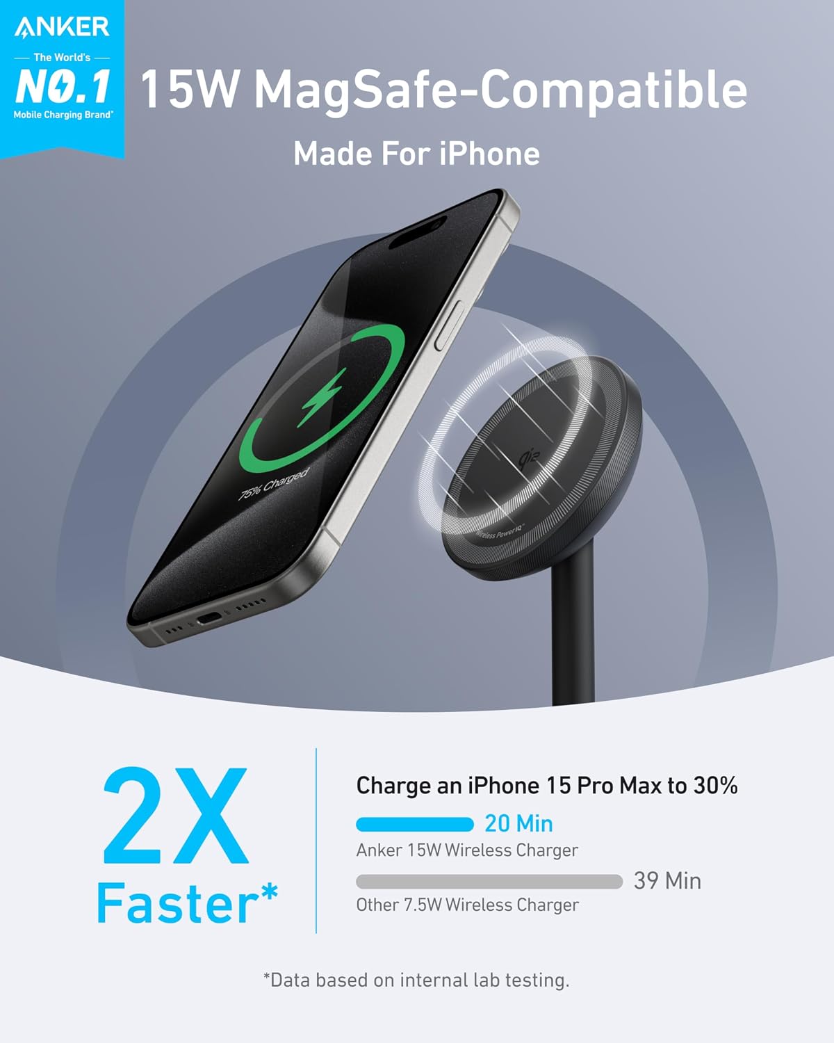 Anker MagSafe Charger, MagGo Qi2 15W 360-Degree Wireless Charger Stand | Qi2-Certified Magnetic Mount with Full Rotation, Magnetic Stand for iPhone 17 / 16 / 15 / 14 Series